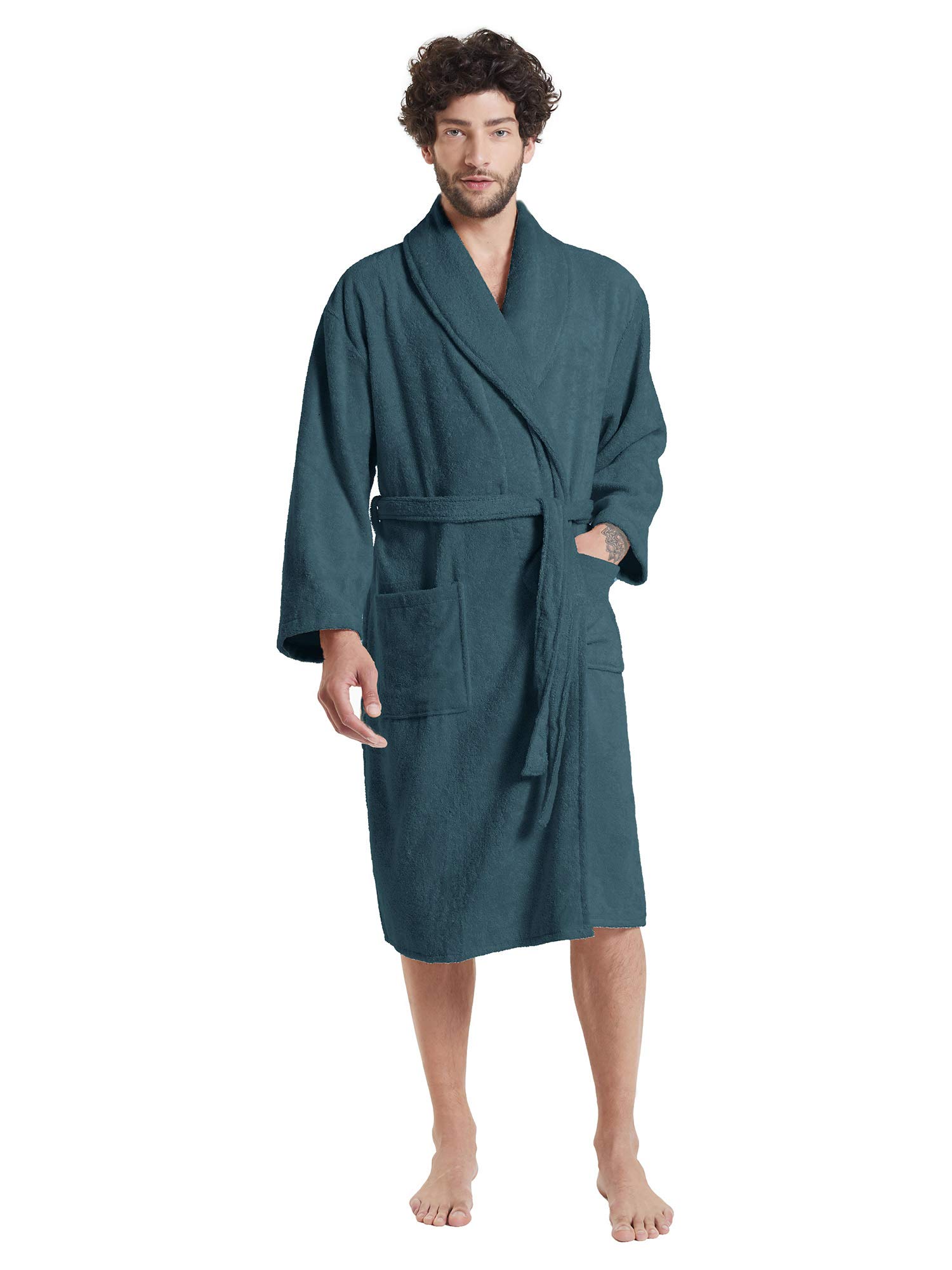 SIORO Mens Terry Bath Robe, Plush Hooded Cotton Cloth Knee-Length Robes for Spa, Shower, Soft Towel Bathrobes with Pockets