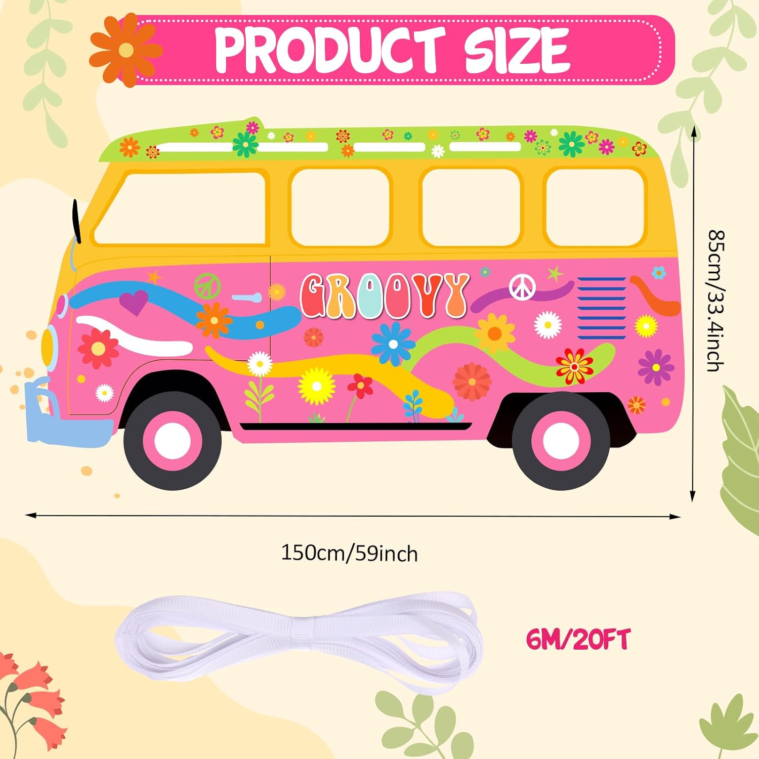 Large Hippie Bus Shaped Photo Prop 60s 70s Party Decorations Fabric Retro Van Prop Banner Hippie Bus Photo Prop Hippie Selfie Frame Background Backdrop Daisy Groovy Birthday Party Supplies 59×33.4in