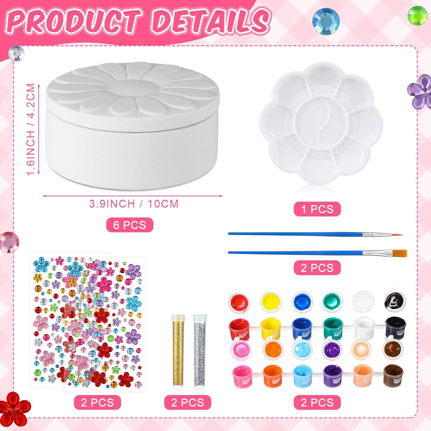 Teenyyou 14 Pcs Paint Your Own Ceramic Jewelry Boxes Craft Set Include 6 Unpainted Jewelry Storage Organizer 2 Strips of Paints with 2 Brushes 1 Palette 3 Diamond Stickers (Unfinished Dasiy)