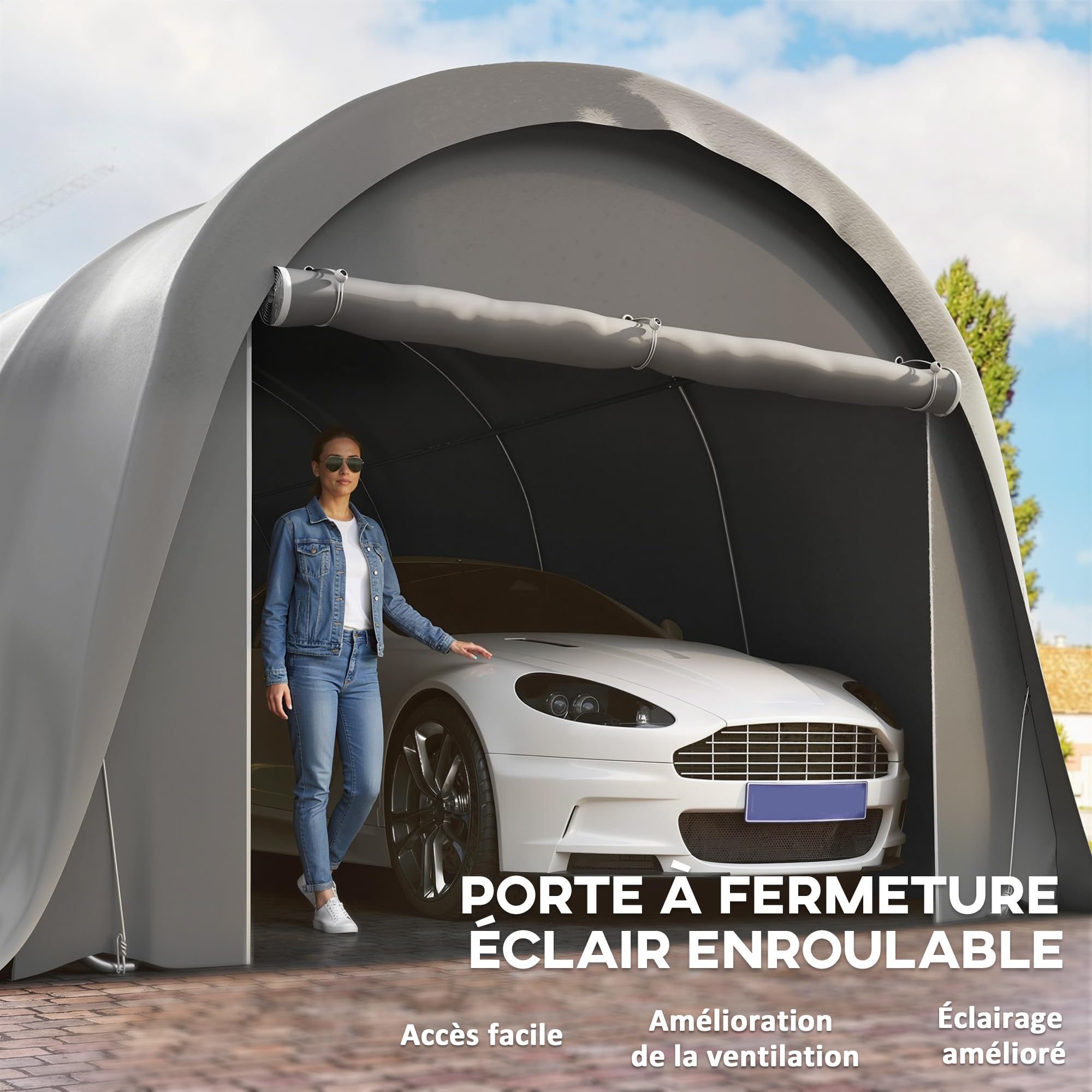 Outsunny Carport Tente de Garage 3,6 x 7,2 m, abri Voiture extérieur, Tente de Stockage avec parois latérales Amovibles et Grande Porte Roulante, carport pour Voiture, Camion, Bateau, Gris foncé