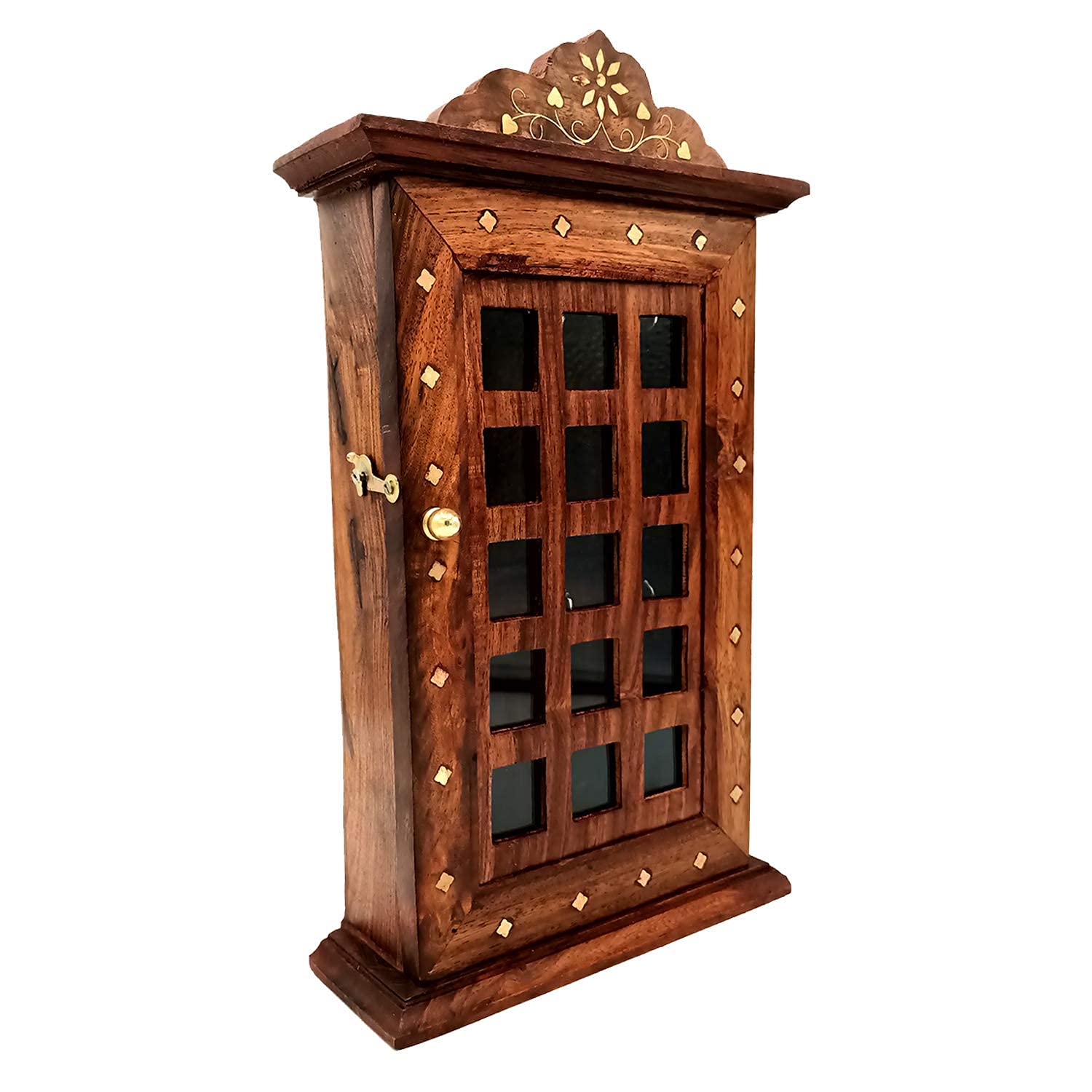 Handmade Wooden Almirah Shaped Key Holder for Wall Decor, Square Design Chain Organizer with 6 Hooks, Premium Wood Key Hanger for Home, Office & Entryway, Dark Brown Finish-image-1