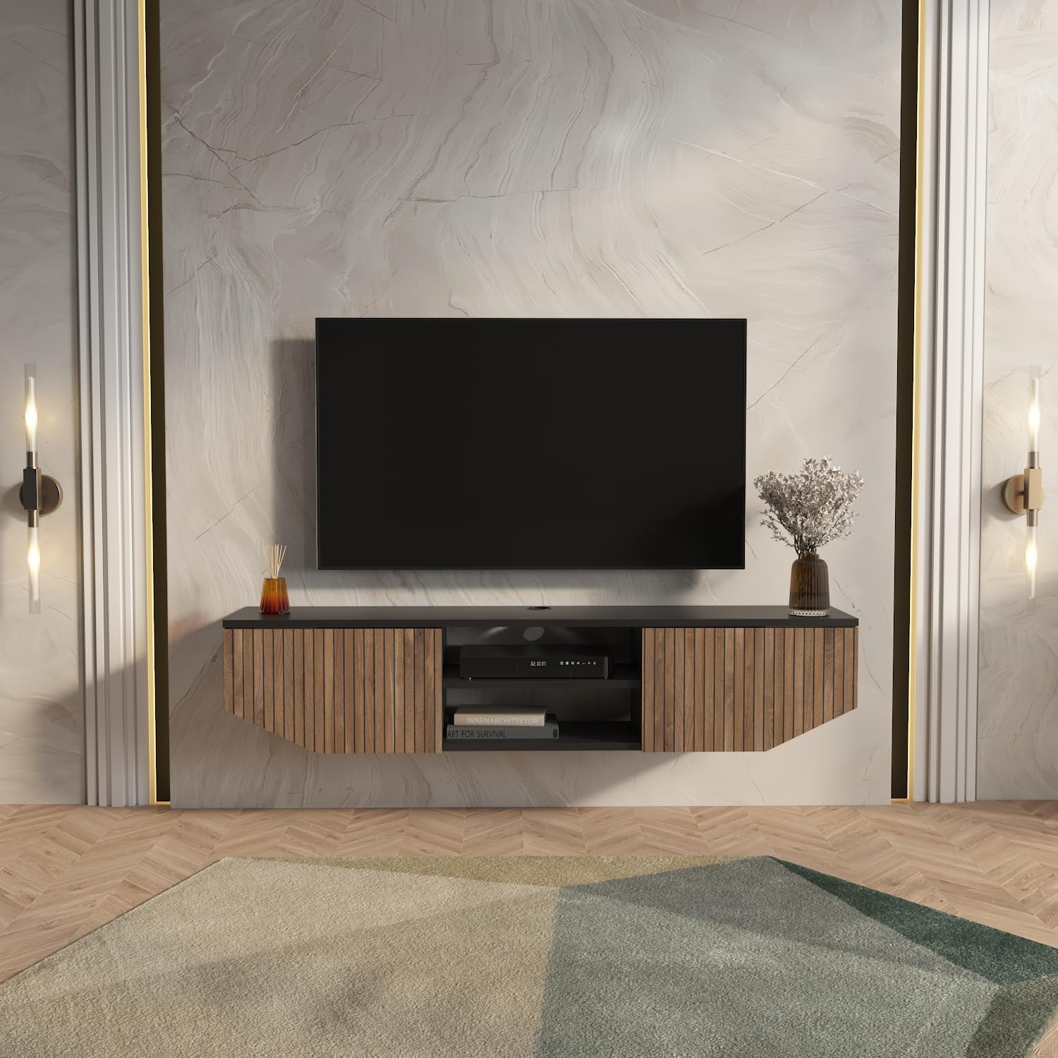 DECOROTIKA Hera Floating TV Unit 150 cm, Wall Mounted TV Stand with 2 Cabinets & Open Shelves, Cable Management, for TVs up to 65 Inch (Black and Alina Pattern)