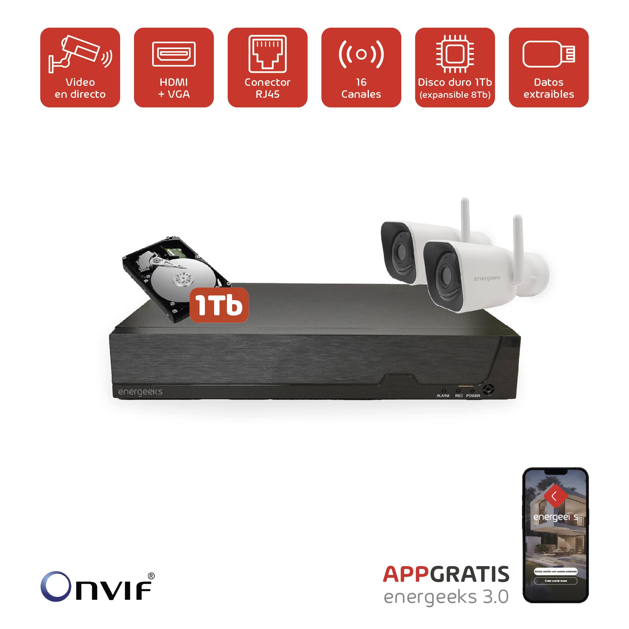 Energeeks - Registratore NVR - 2 telecamere esterne incluse - 16 canali - Hard Disk 1TB - Registrazione 24/7 - Supporta ONVIF e connessione RJ45
