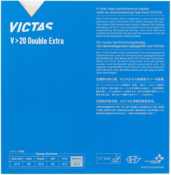 VICTAS V>20 Double Extra Rubber Table Tennis High Energy Tension, Soft Back