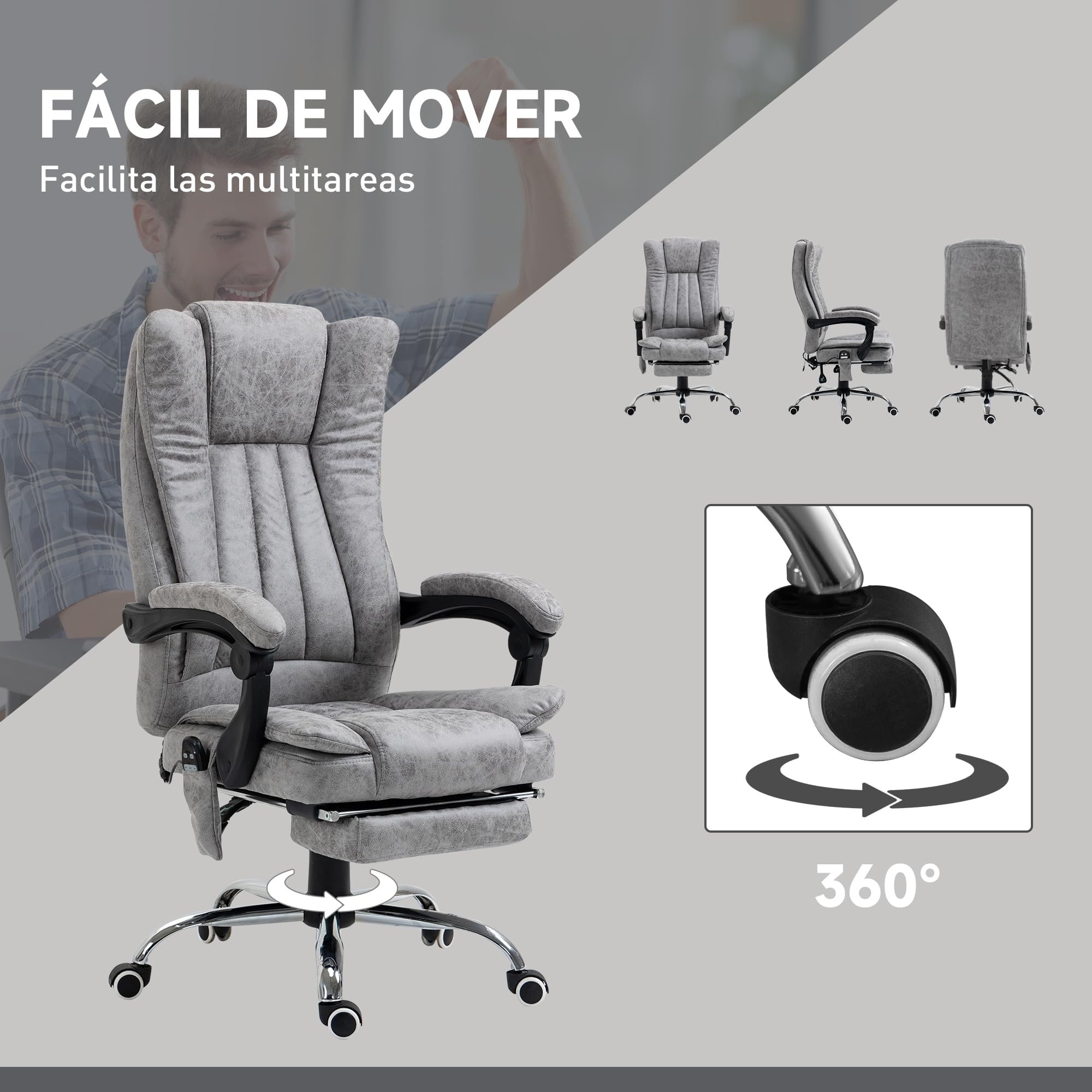 Vinsetto Silla de Oficina con 6 Puntos de Masaje, Reclinable 135º, Gris | Silla de Escritorio Giratoria, Masaje Vibratorio, Función Calefacción, Reposapiés Retráctil, Altura Ajustable, Control Remoto