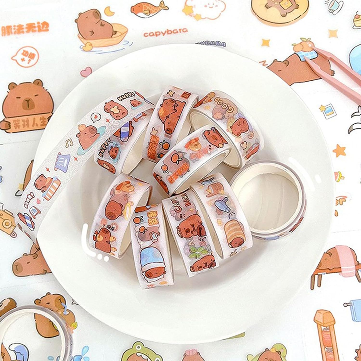 5 Rolls of Tape and 9 Stickers - Hand Accounting Stickers, PET Waterproof Decorative Stickers for Kids and Cute Capybara Stickers (Buddhist series)