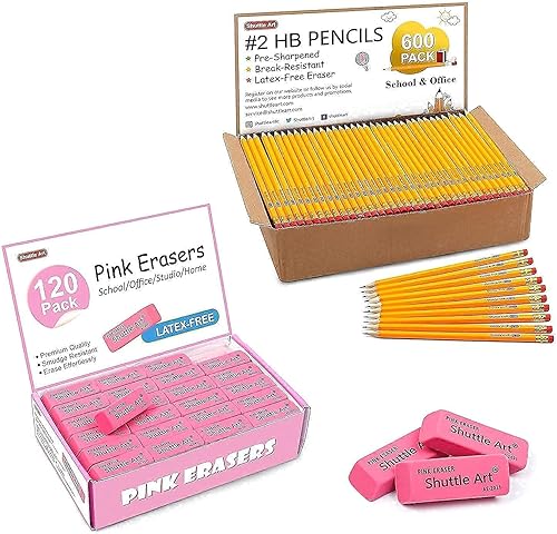 Shuttle Art Paquete de lápices y borradores, juego de 600 lápices amarillos afilados + 120 borradores rosados a granel