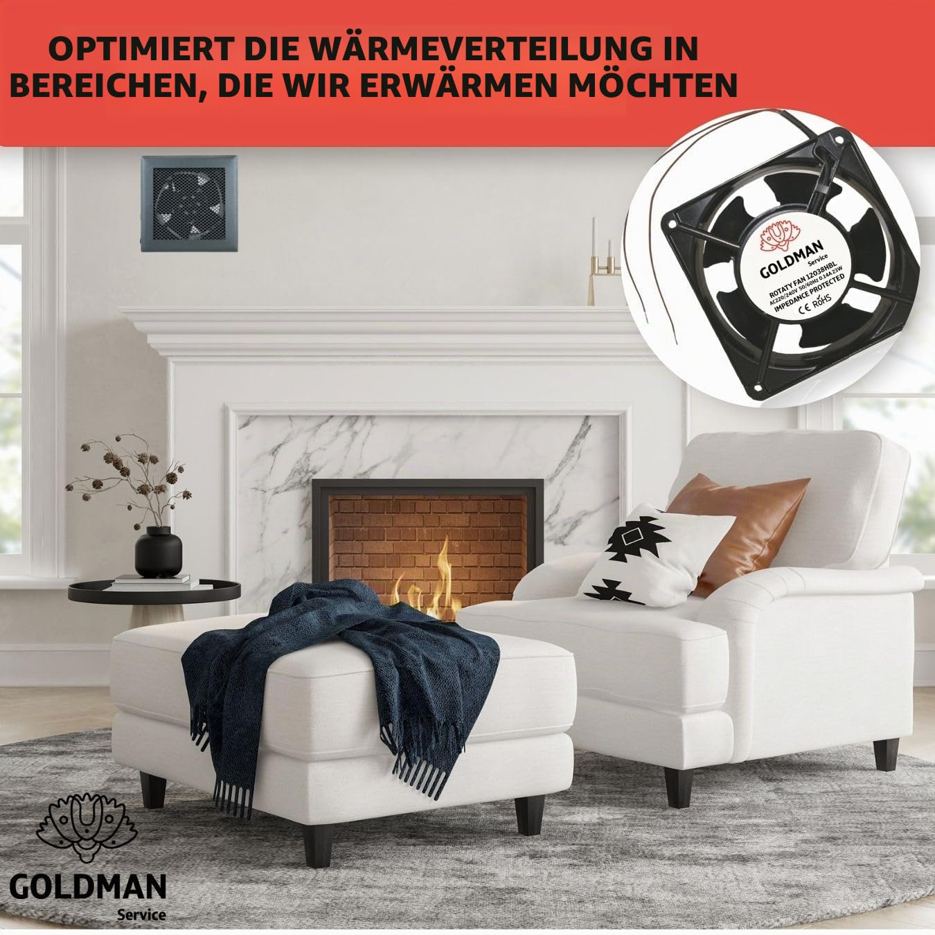 GOLDMAN SERVICE | Ventilator Axialventilator für Kaminkassetten mit hoher Temperatur, aus Metall, universell, 120 x 120 x 38 mm