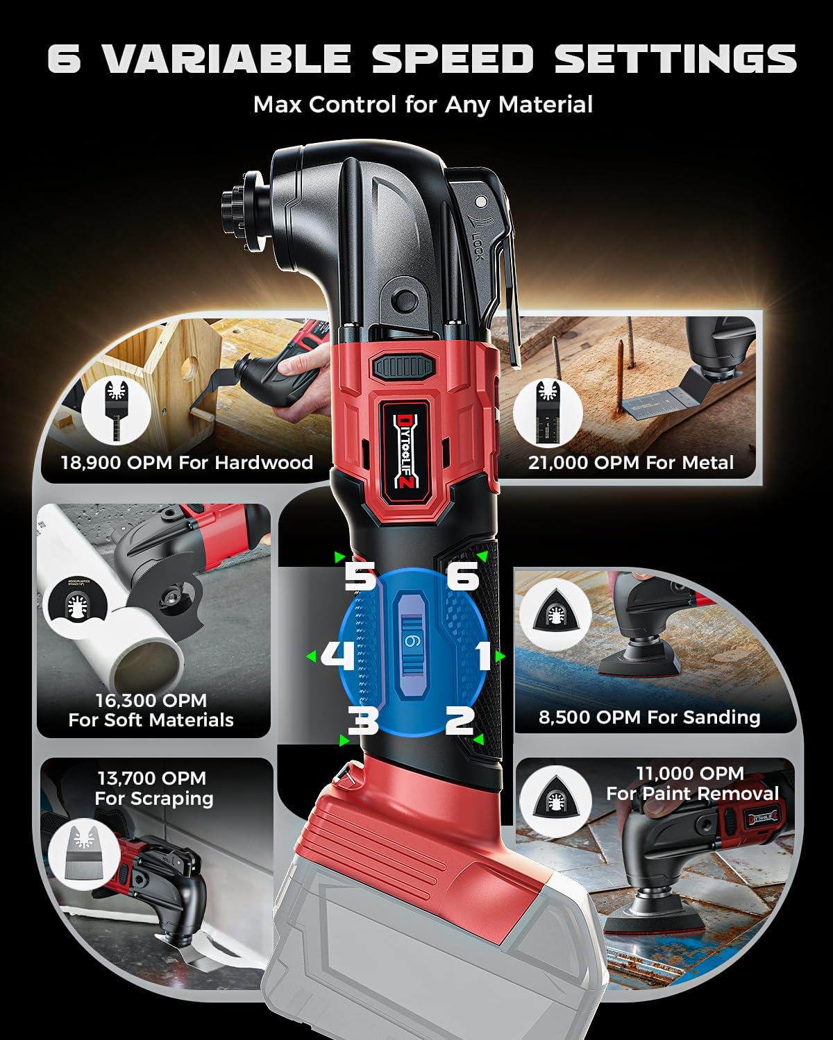 DIYtoolifz Cordless Oscillating Tool Compatible with Milwaukee 18V Battery, 6 Variable Speed Brushless-Motor Tool, Oscillating multi tool kit for Cutting Wood Nails Remove Grout & Sanding(Tool Only) image 3