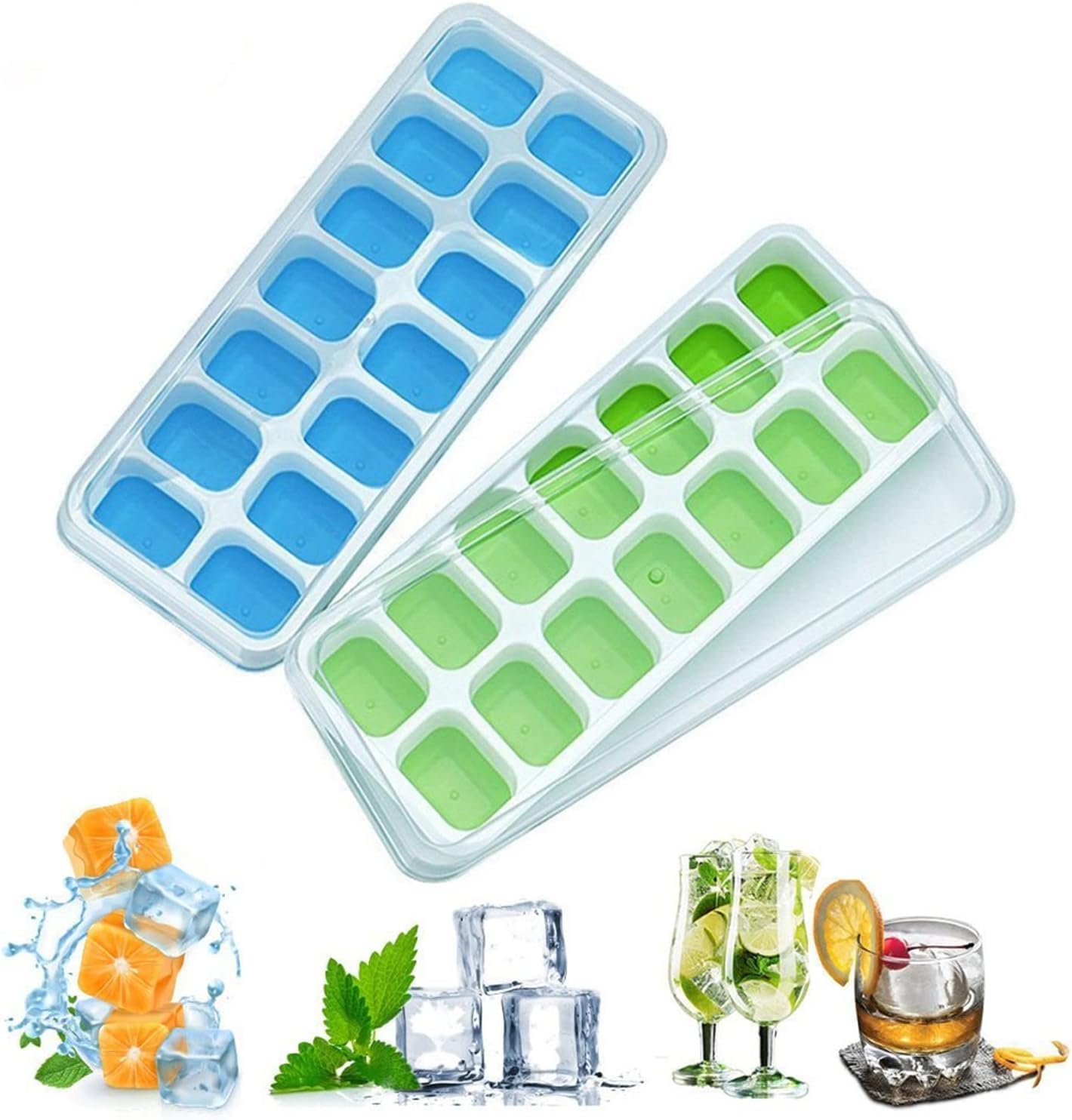 2 Pcs Pop Up Ice Cube Trays for Freezer with Lid with Easy Release Flexible Silicone Bottom, Stackable, 100% Bpa Free, Food Grade for Freezer, Cocktail (Blue & Green (Square)-14 Cubes (B0D86J2B26) Amazon Price History, Amazon Price Tracker