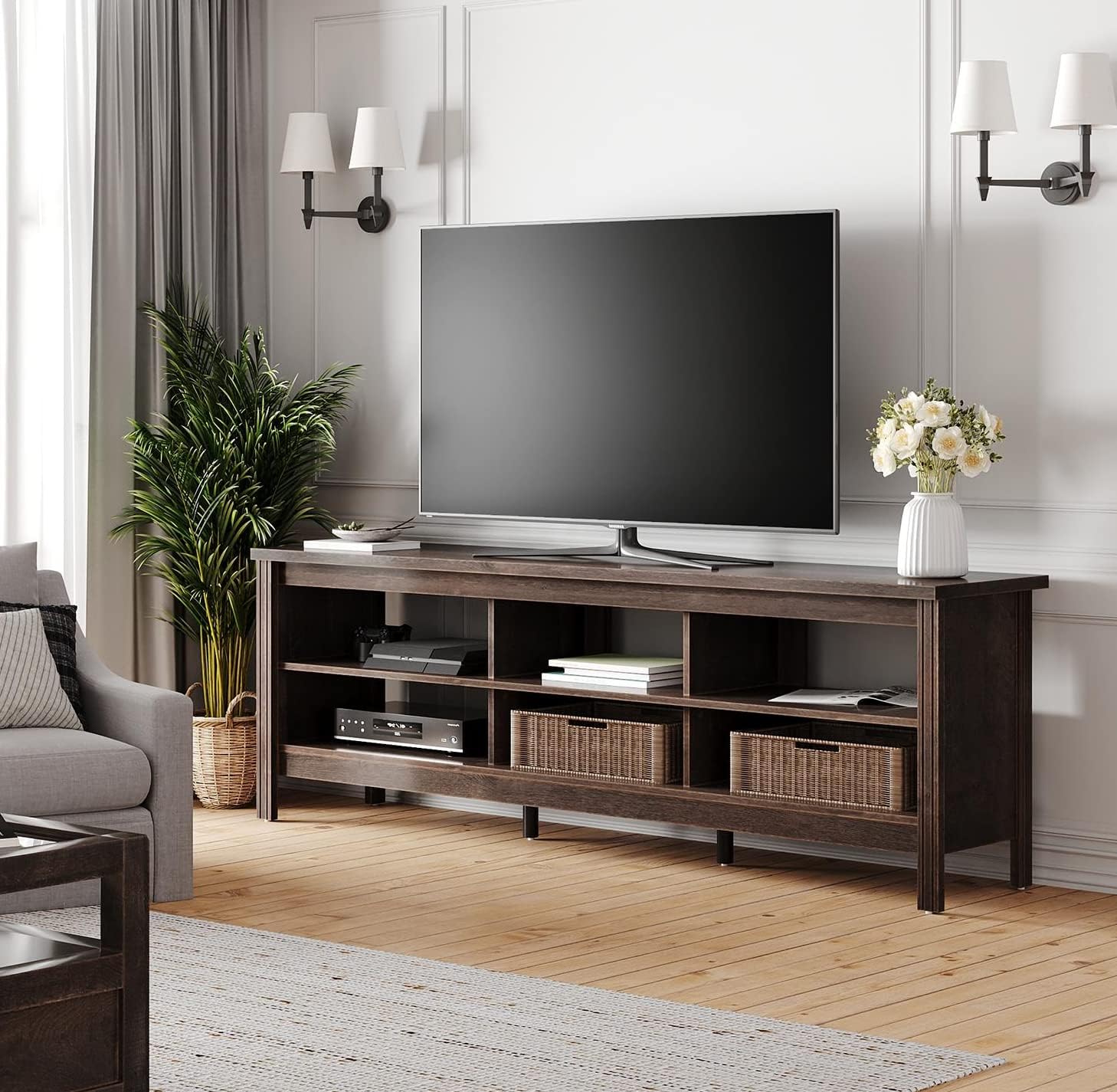 WAMPAT TV Stand for 75 Inch TV, Classic Entertainment Center with 6 Cubby, Wood Television Stands Media Console Table for Living Room Bedroom Office, 70 Inch, Espresso