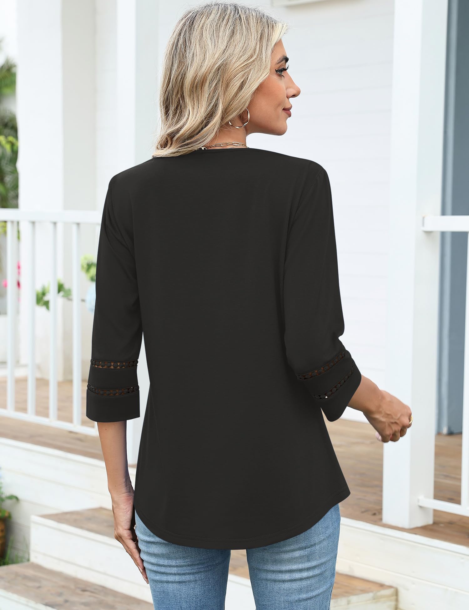 Rapbin Bluse Damen Elegant 3/4 Arm Shirt V-Ausschnitt Sommer Tunika Spitze Bestickt Vintage Oberteil 2026 Mode Tops