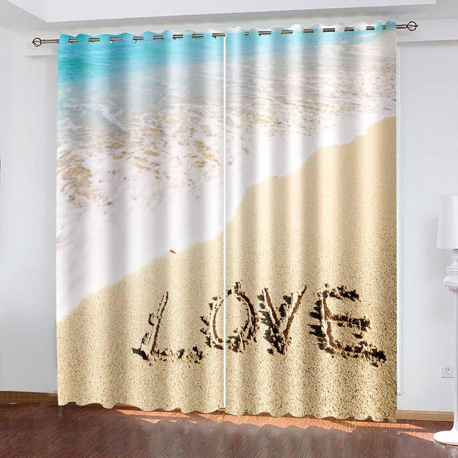 Rideaux Occultants 2 Panneaux, Rideau Interieur Thermique à Oeillets Paysage de Plage Love Rideaux pour Decoration Chambre Salon Intérieurs, 132x214 CM(LxH), Beige Bleu Vert