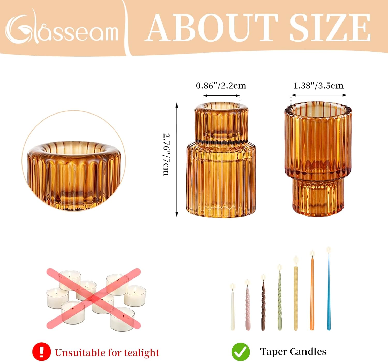 Glasseam Glass Candle Holder for Candlesticks: 20PCS Amber Candle Holders for Taper Candles Small Fall Candle Stick Holders Bulk for Table Wedding Centerpiece Christmas Halloween Living Room Decor - Image 5