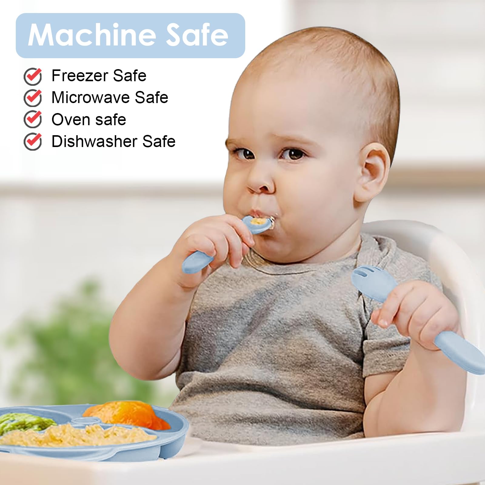 14 Stücke Silikon Baby Geschirrset, Kindergeschirr Baby-Teller Rutschfest mit Saugnapf, Schüssel, Lätzchen, löffel, Gabel, Trinklernbecher, Fruchtsauger Set, Baby Led Weaning Besteck Set (Blau)