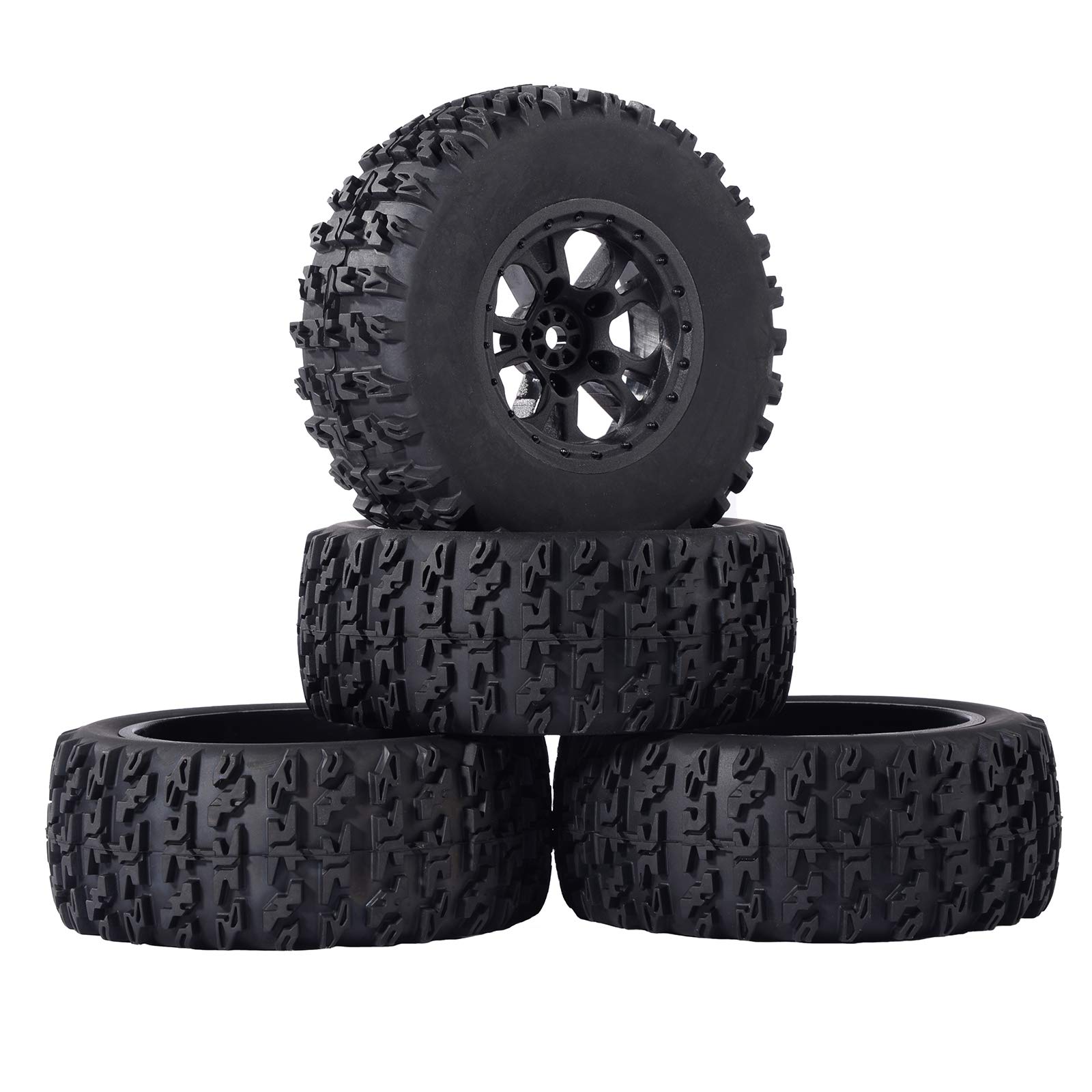 RC Station Short Course Truck Tires 1/10 Scale, High-Performance Pre-glued Wheel Rim and Tires Set 12mm Hex with Foam Inserts for Traxxas Slash HPI VKAR Redcat HSP LRP 4PCS Black, Shape 2