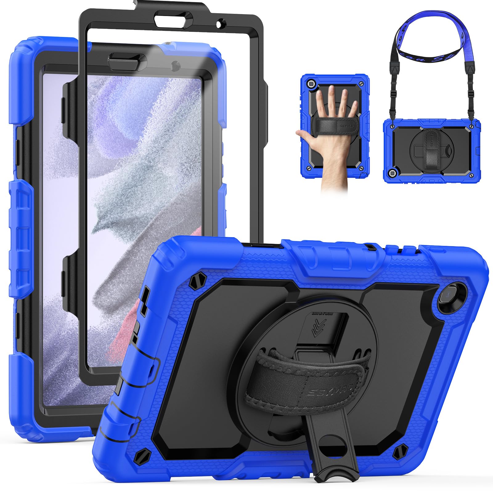 Samsung Galaxy Tab A7 Lite 8.7 inch 2021[SM-T220/T225] Case, SEYMAC Shockproof Case [360 Rotating Hand Strap & Stand] Shoulder Strap Screen Protector Pen Holder for Galaxy Tab A7 Lite 2021 Black/Blue