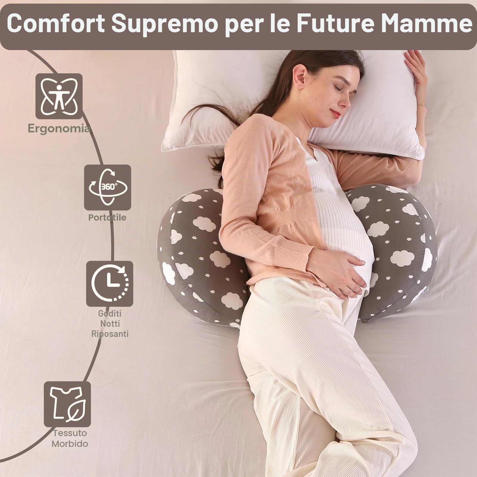 SHANNA Cuscino Gravidanza per Dormire, Cuscino allattamento e Gravidanza, NUOVO Cuscino Comfort Regolabile per Tutto Il Corpo, Maternità e Cuscino Supporto, Fodera Rimovibile e Lavabile (Gris Oscuro)
