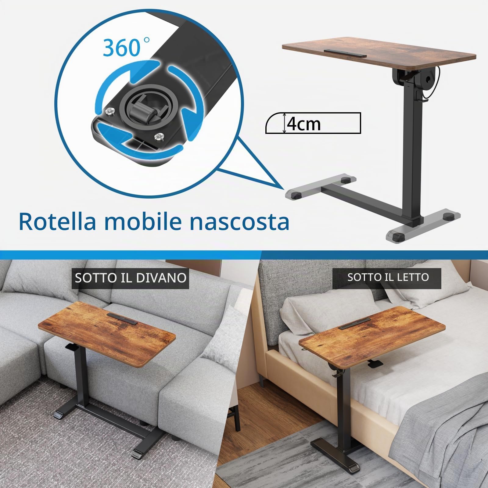 ETHU Tavolo da appoggio regolabile in altezza, 71-107 cm, per computer portatile con piano reversibile, tavolino mobile con ruote nascoste, 77 x 40 cm, per ufficio, soggiorno (marrone)