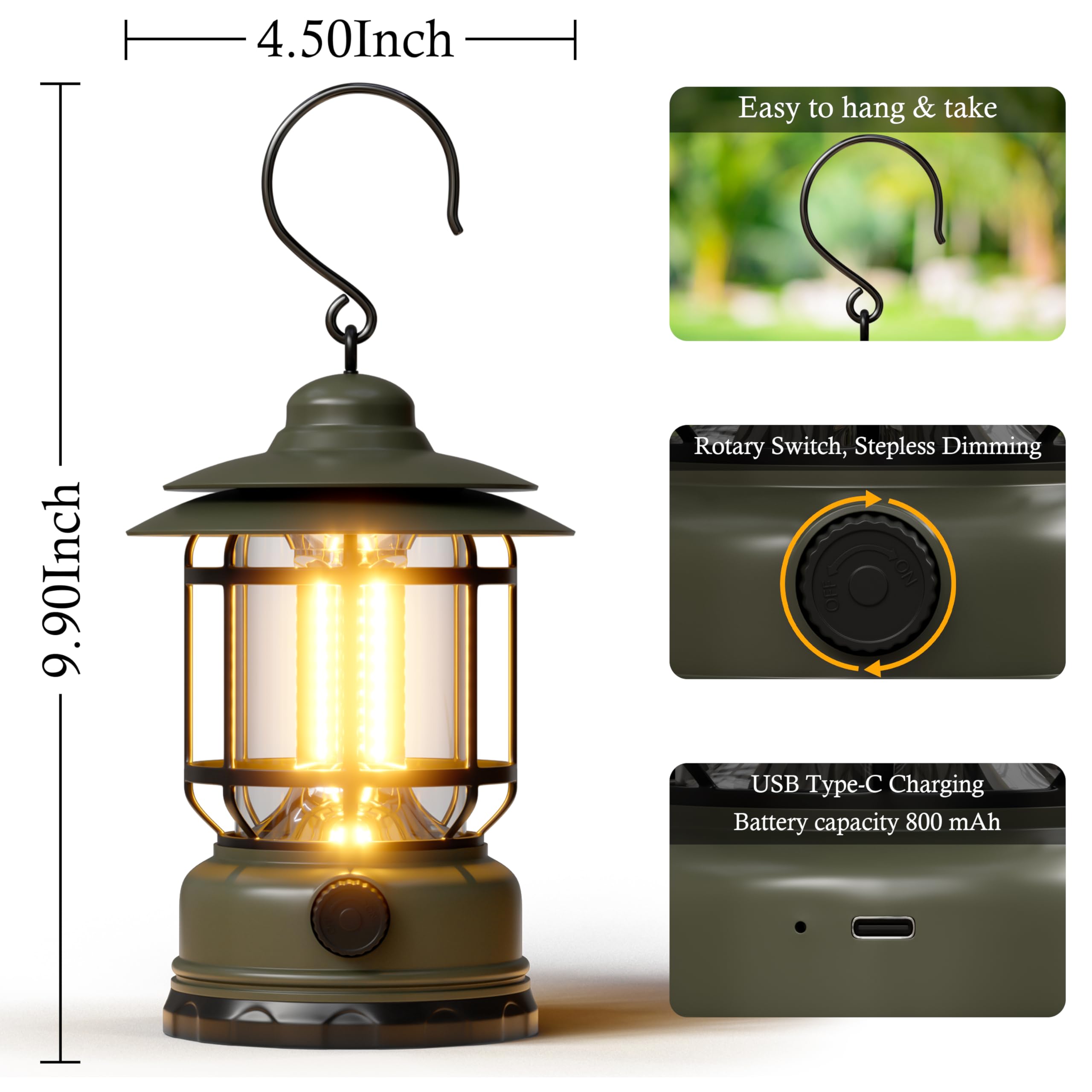 Paquete de 3 faroles LED portátiles de camping de 1500 lm, atenuación sin pasos, ligeros, retro, alimentados por batería, linterna recargable USB, kits de supervivencia, para interiores y exteriores
