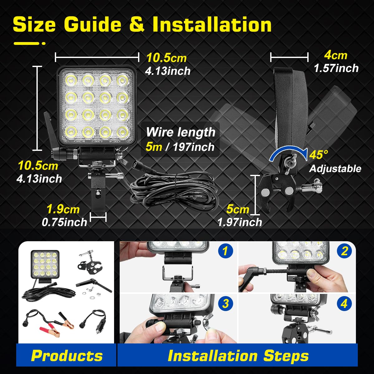 12V tragbare LED-Arbeitsleuchte mit Befestigungsklemme, Bootsleuchte mit zwei Stromversorgungsmöglichkeiten (Zigarettenanzünder und Klemme), LED-Streuerkapsel 48W 12V Marine-Leuchten Trucks, 4X4
