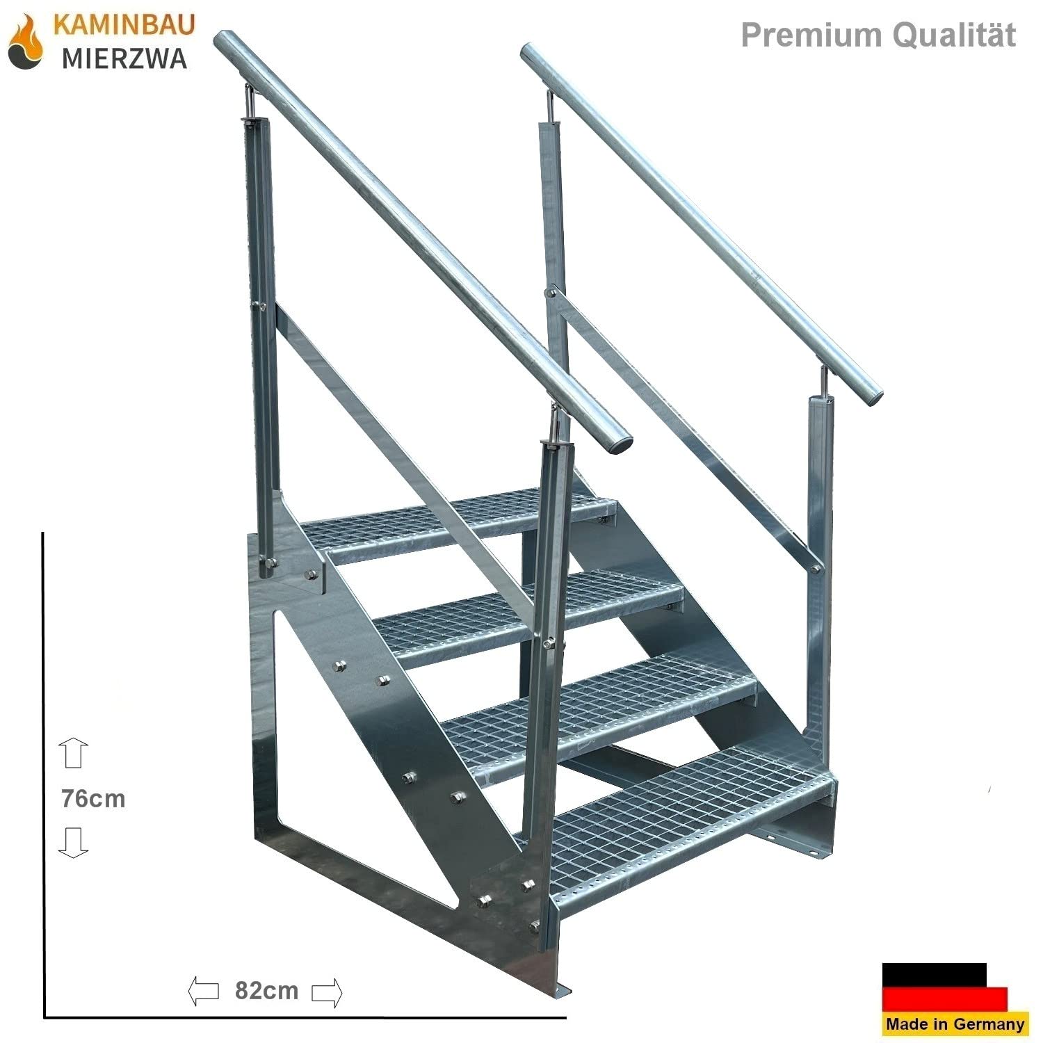 Premium Caillebotis acier Escalier à limon 4 Marches Autoportant Entièrement galvanisé avec garde-corps des deux côtés - Dimensions (L x l x H) 82cm x 120cm x 76cm