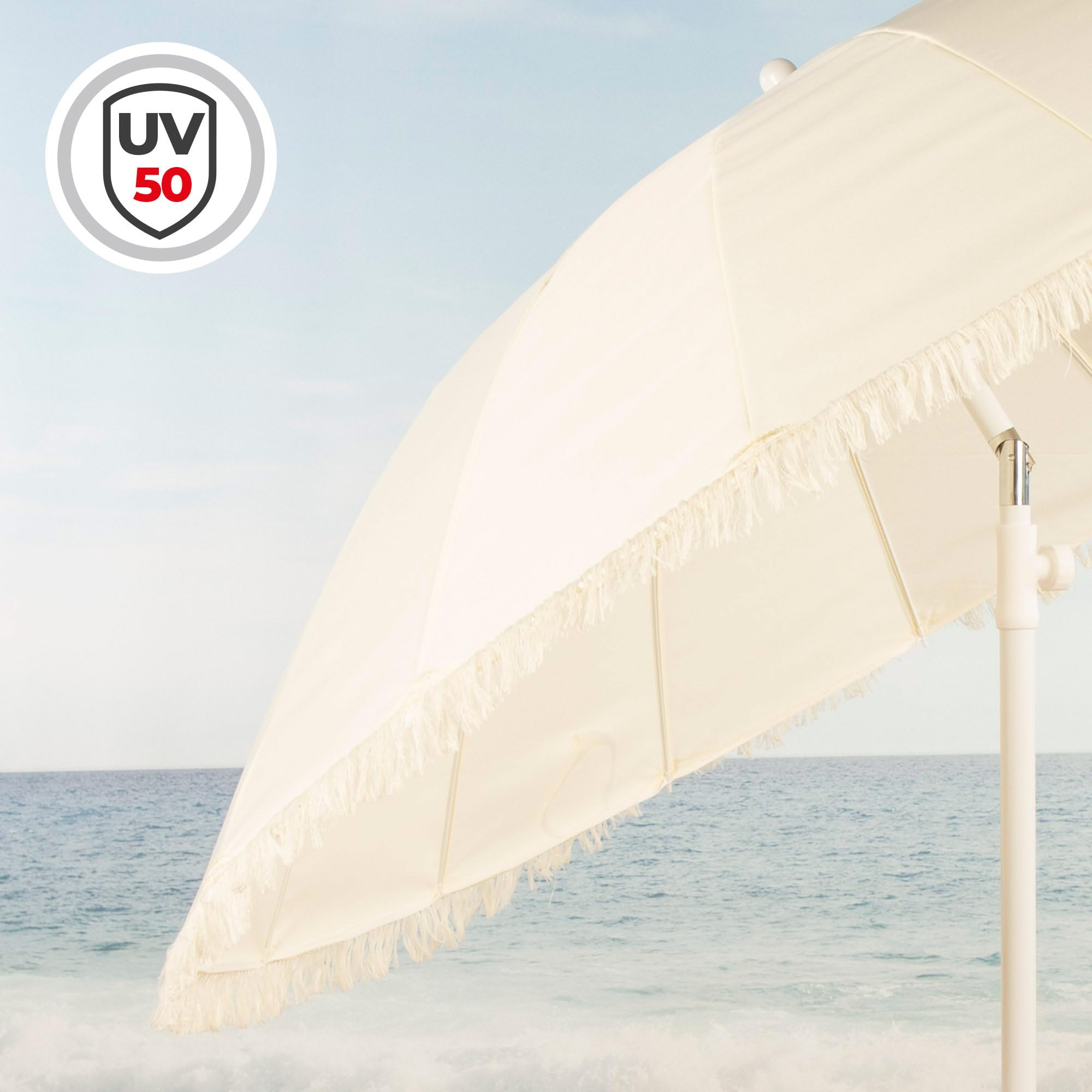 AKTIVE Sombrilla playa 16 varillas 200 cm beige, mástil de acero inclinable, protección UV50, diseño con flecos, varillas reforzadas, funda de transporte incluida, optima para la playa (62432)