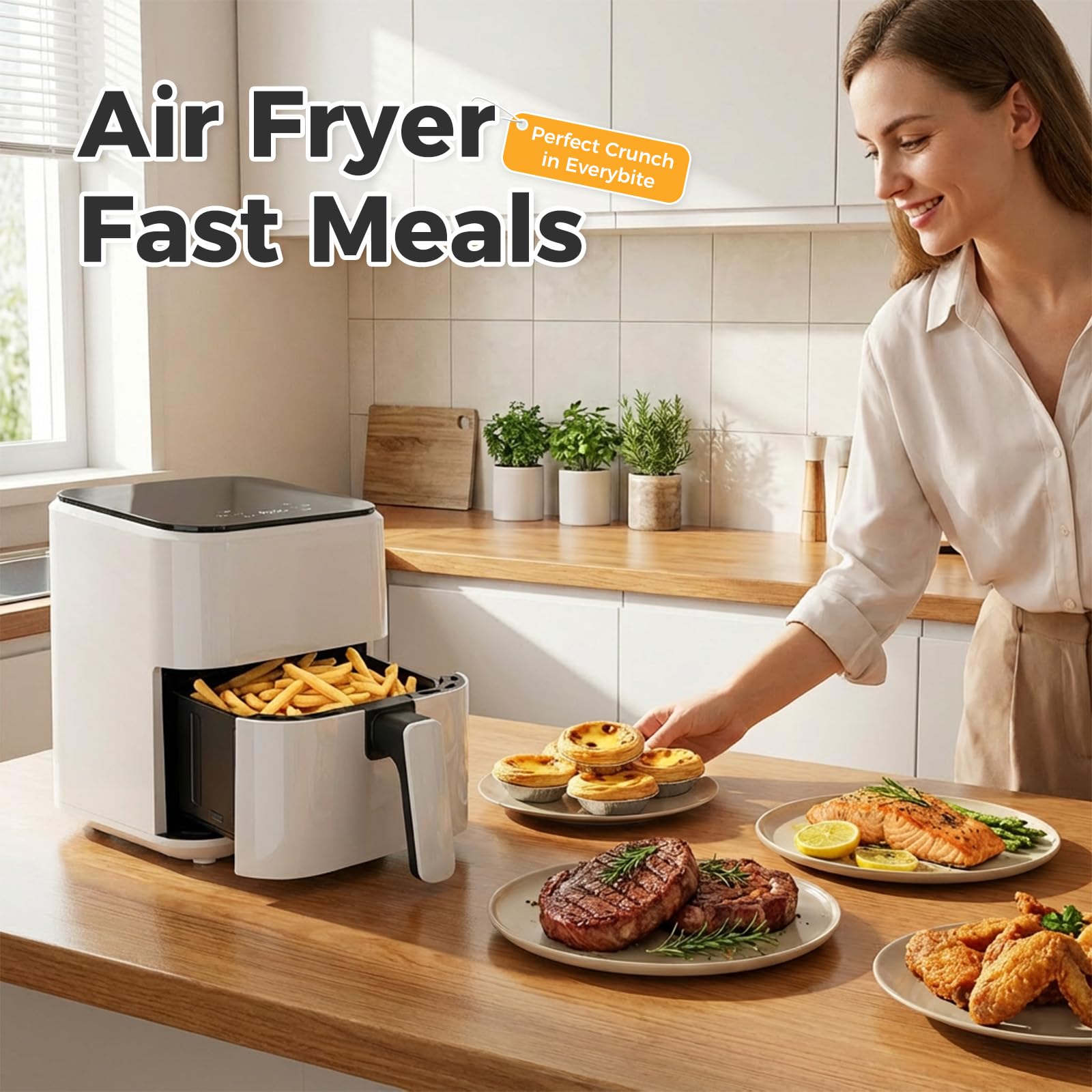 OLIXIS 3QT Air Fryer, Small Air Fryer with Digital PP Touch Panel, 400℉ Max Temp, Overheat Protection and Auto Shut-off, Nonstick and Dishwasher Safe Basket for Roast, Bake, Broil, Reheat, White view 2