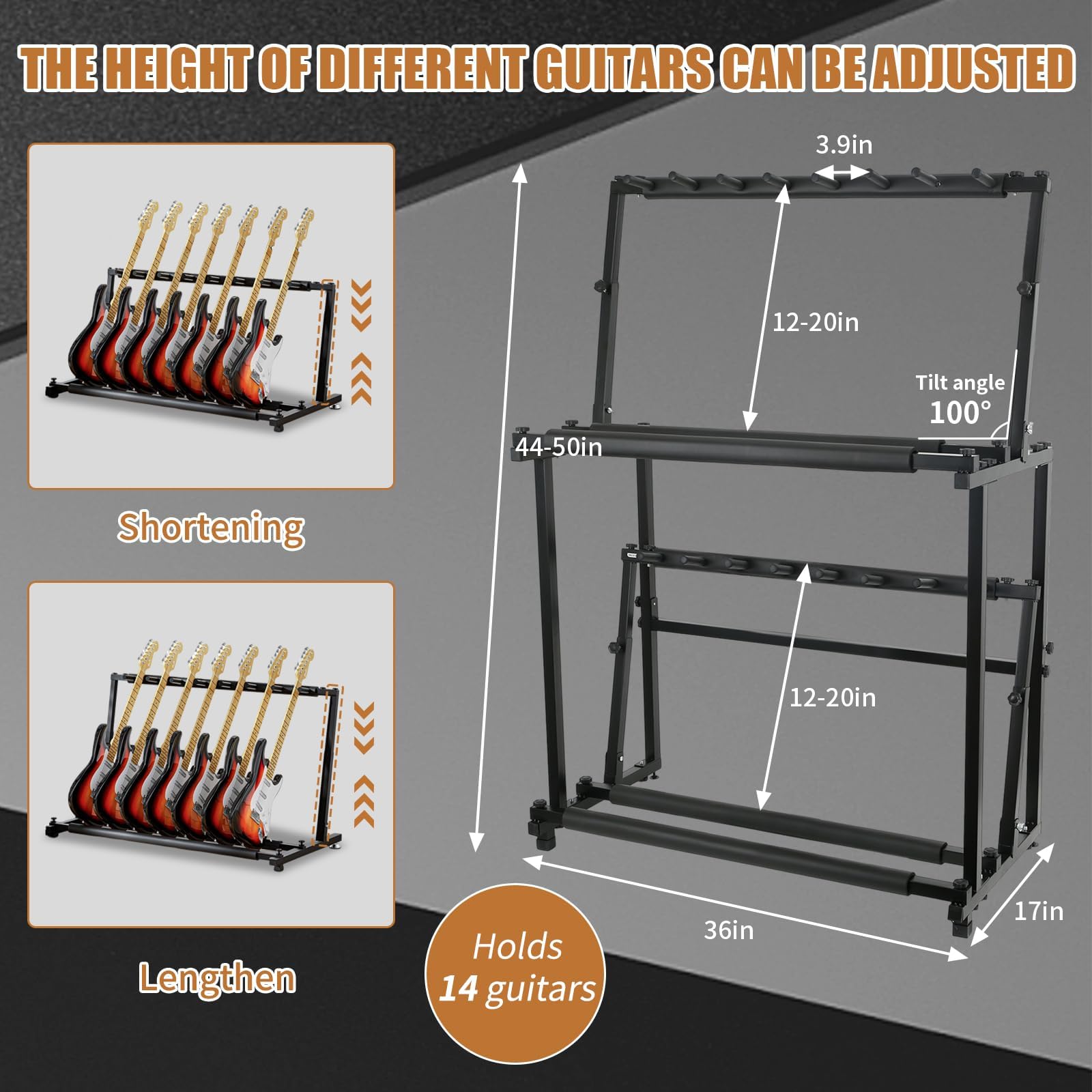 Gitarrenständer, Gitarrenhalter für 14 Gitarren, Faltbarer Multi-Gitarrenständer mit weichem Schwamm für Akustikgitarre, E-Gitarre, Bass, Abnehmbar in zwei separate Gitarrenhalterungen.