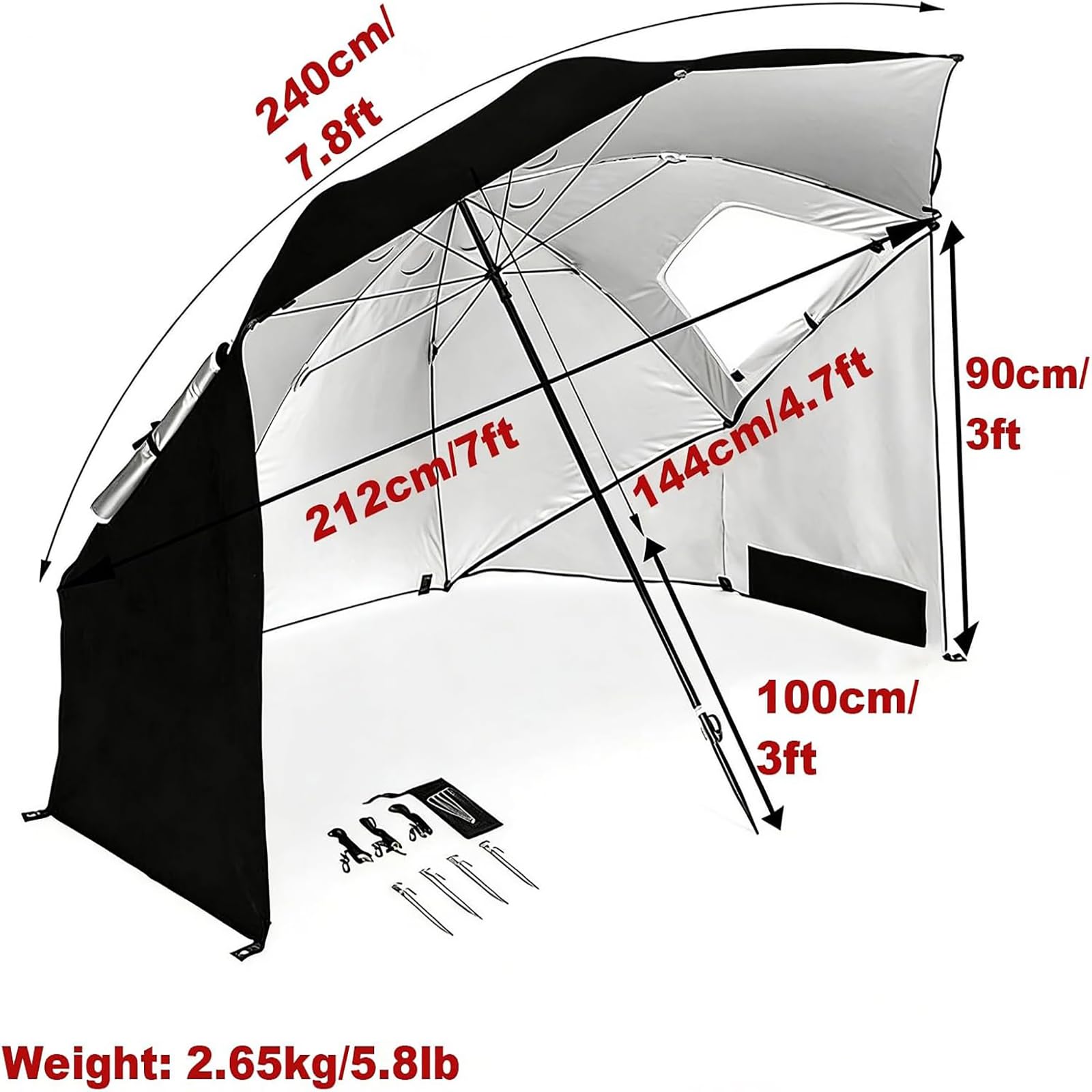 Parasol plażowy z okienkami z siateczki i panelami bocznymi, 240 cm | Przenośne schronienie kempingowe do ochrony przed słońcem, regulowana wysokość, do kempingu i na plażę(blue)