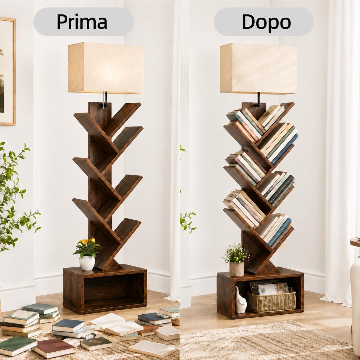 Libreria ad Albero a 6 Ripiani con Lampada da Terra, Lampadina LED E27 da 12 W e 3 Temperature di Colore, Scaffale Angolare Salvaspazio con Vano per Soggiorno, Camera, Studio e Piccoli Spazi