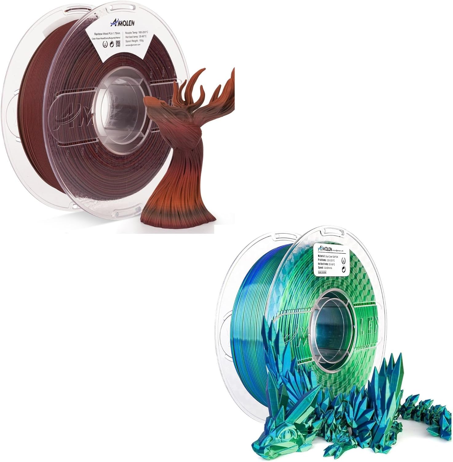 Silk Dual Color Blue Green PLA Filament 1.75mm & Dark Wooden Rainbow Color Change Printer Filament PLA 1KG Spool