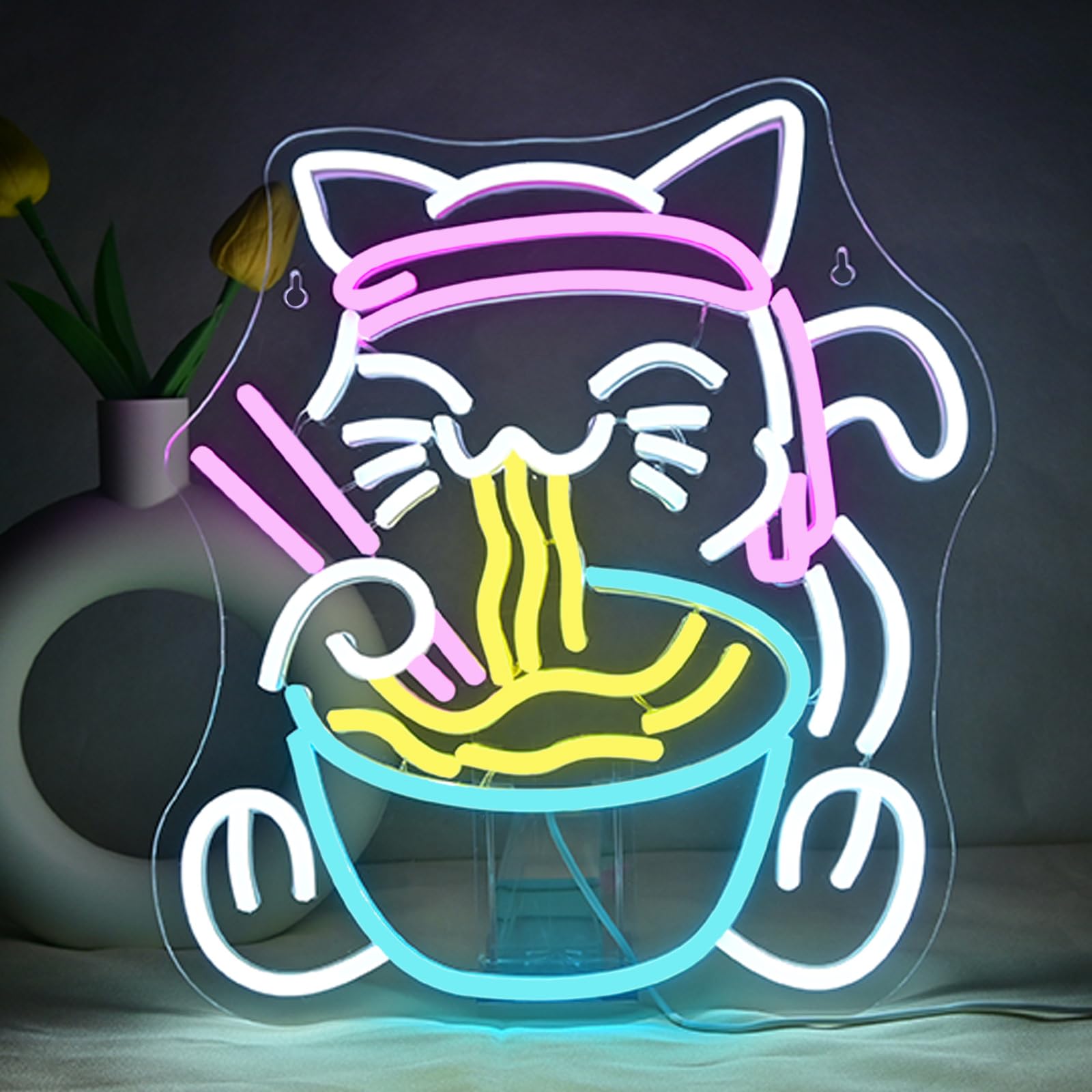 Fortune Cat Ramen Neon Signs for Wall Decor Japanese Cat LED Neon Light USB Powered Light Up Signs for Japanese Culture Lover Ramen Shop Cat Lover Party Gift Game Room