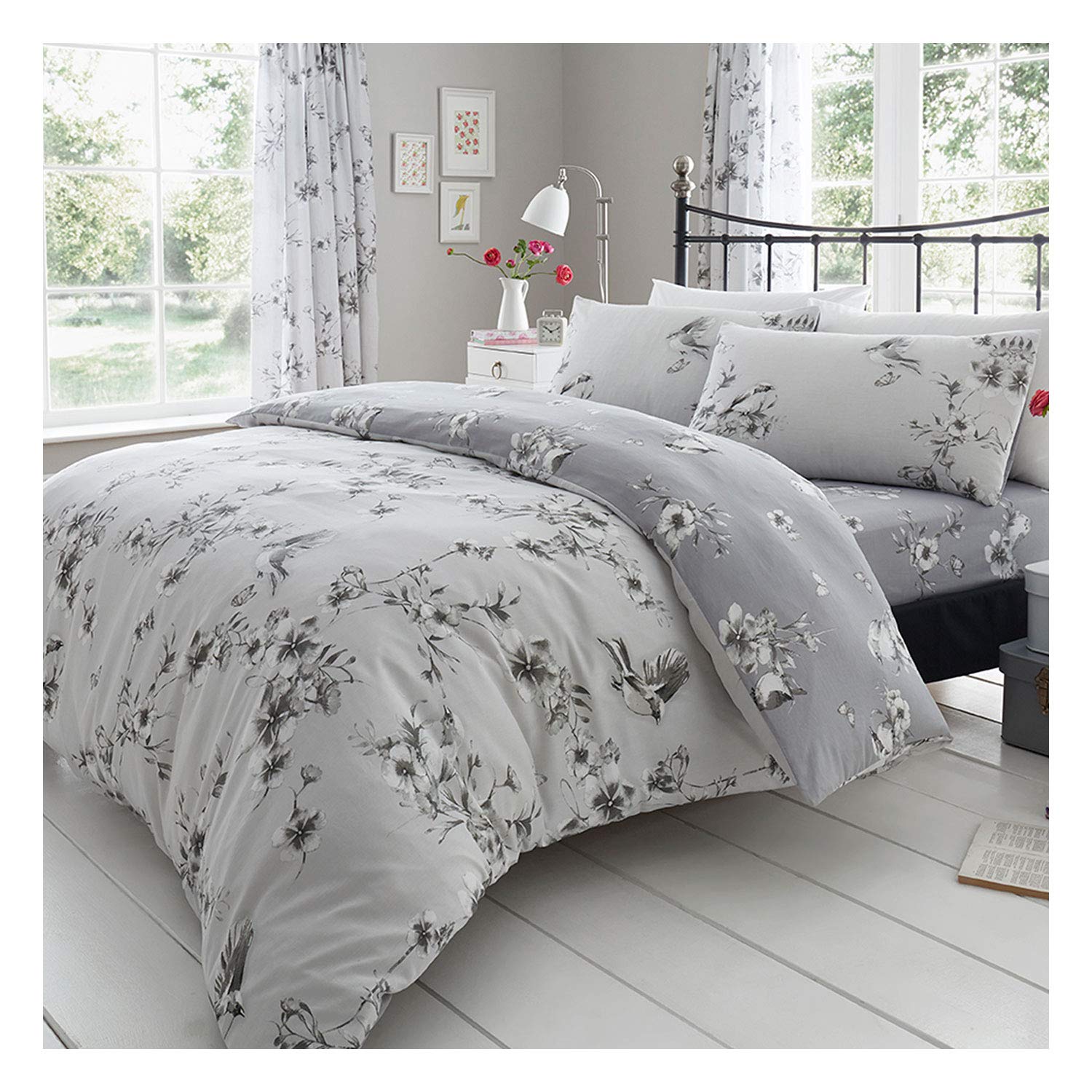 FAIRWAYUK Floral Duvet Cover Set, Reversible Bedding Double Bed Size With Pillowcase, Ultra Soft Easy Care, Grey Quilt Covers, 3 Pieces Hypoallergenic, 200x200cm