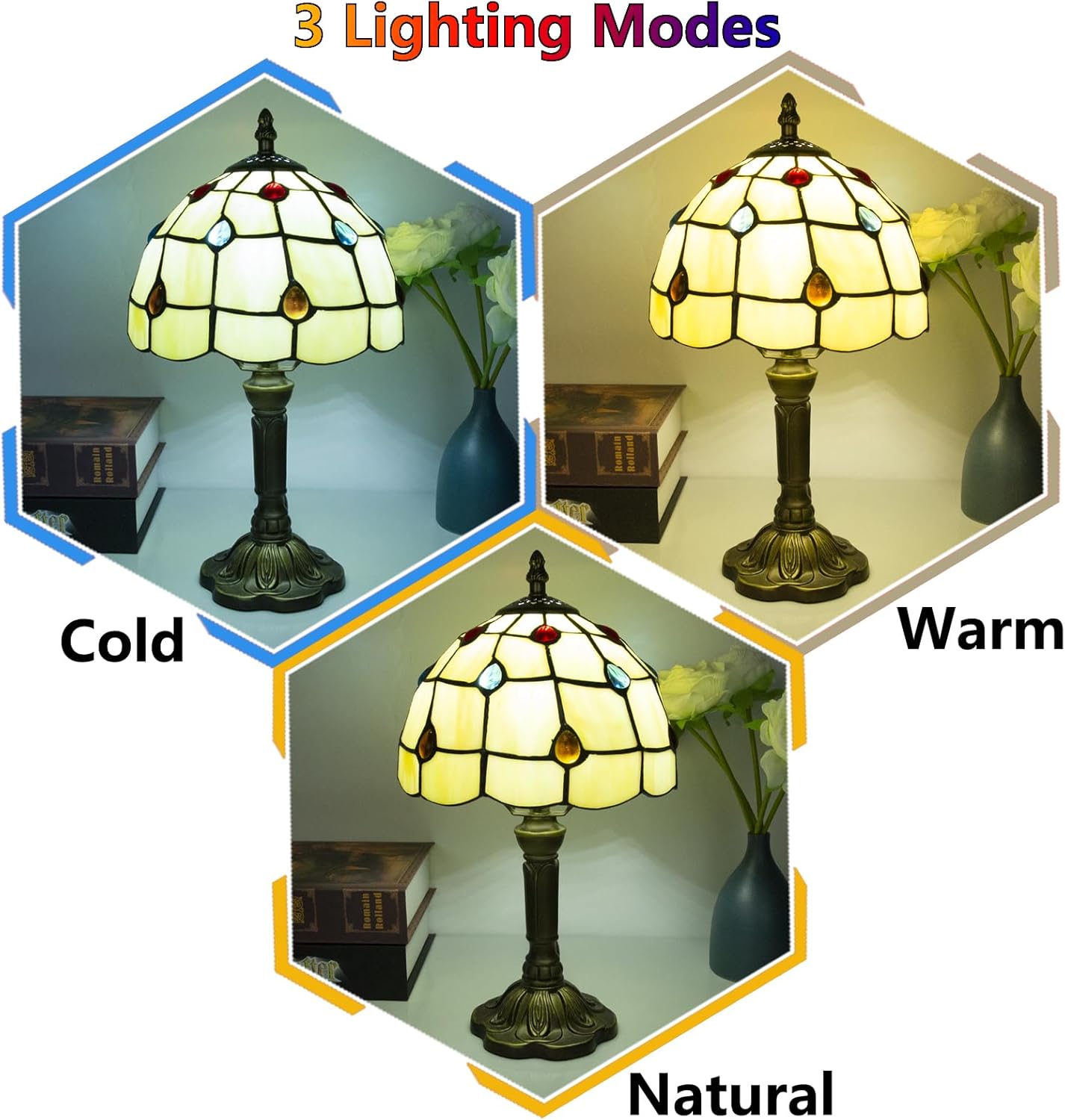 Crefotu Tiffany Style Table Lamp, 3 Color Temperatures Bedside Lamp, 8 Inch Stained Glass Desk Light for Home Office Bedroom Living Room (Phoenix Tail Pattern)