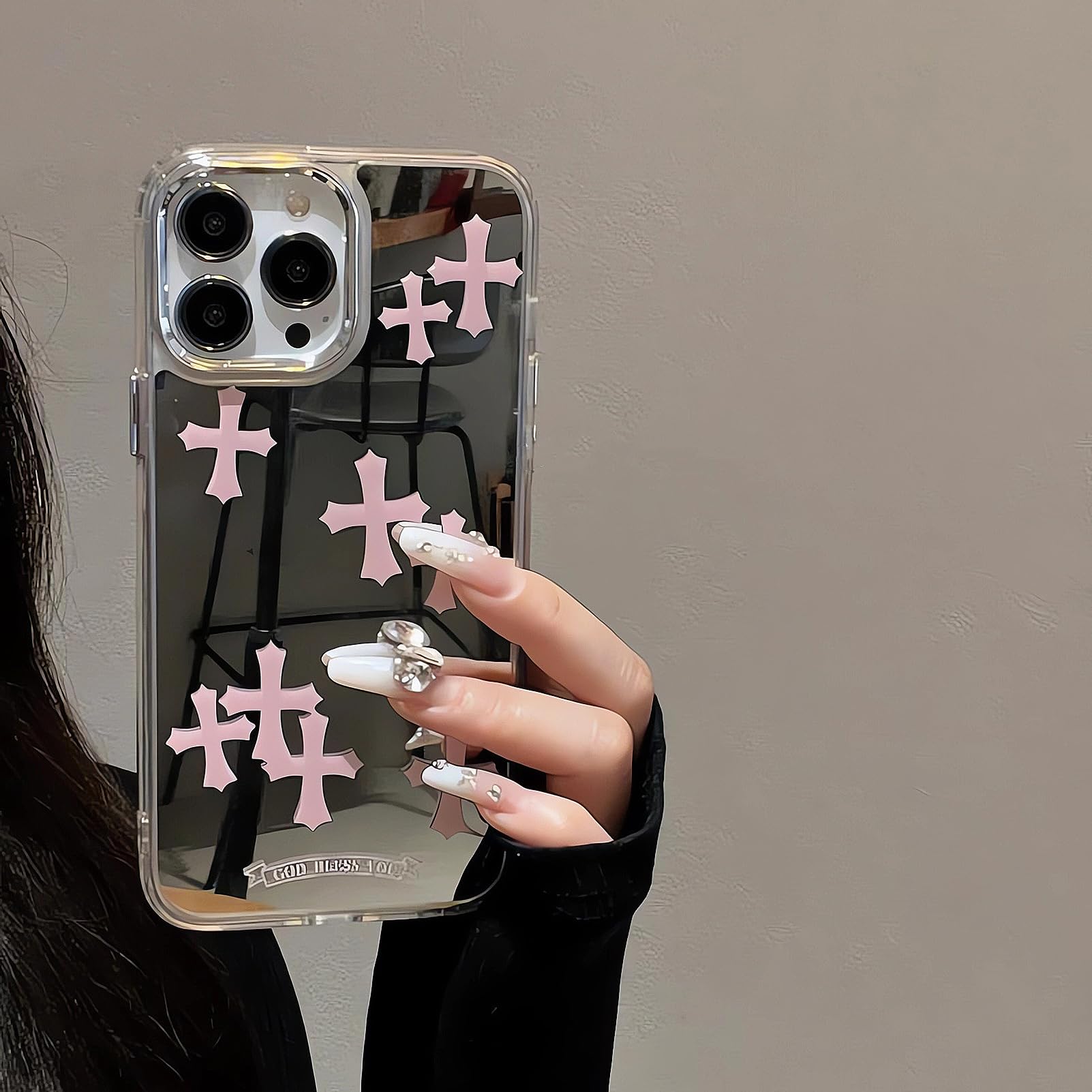 Compatible with iPhone 13 Pro Max Cute Glossy Mirror Back Case,Pink Cross Pattern,Senior Shockproof Protection for iPhone 13 Pro Max Case for Women Girls