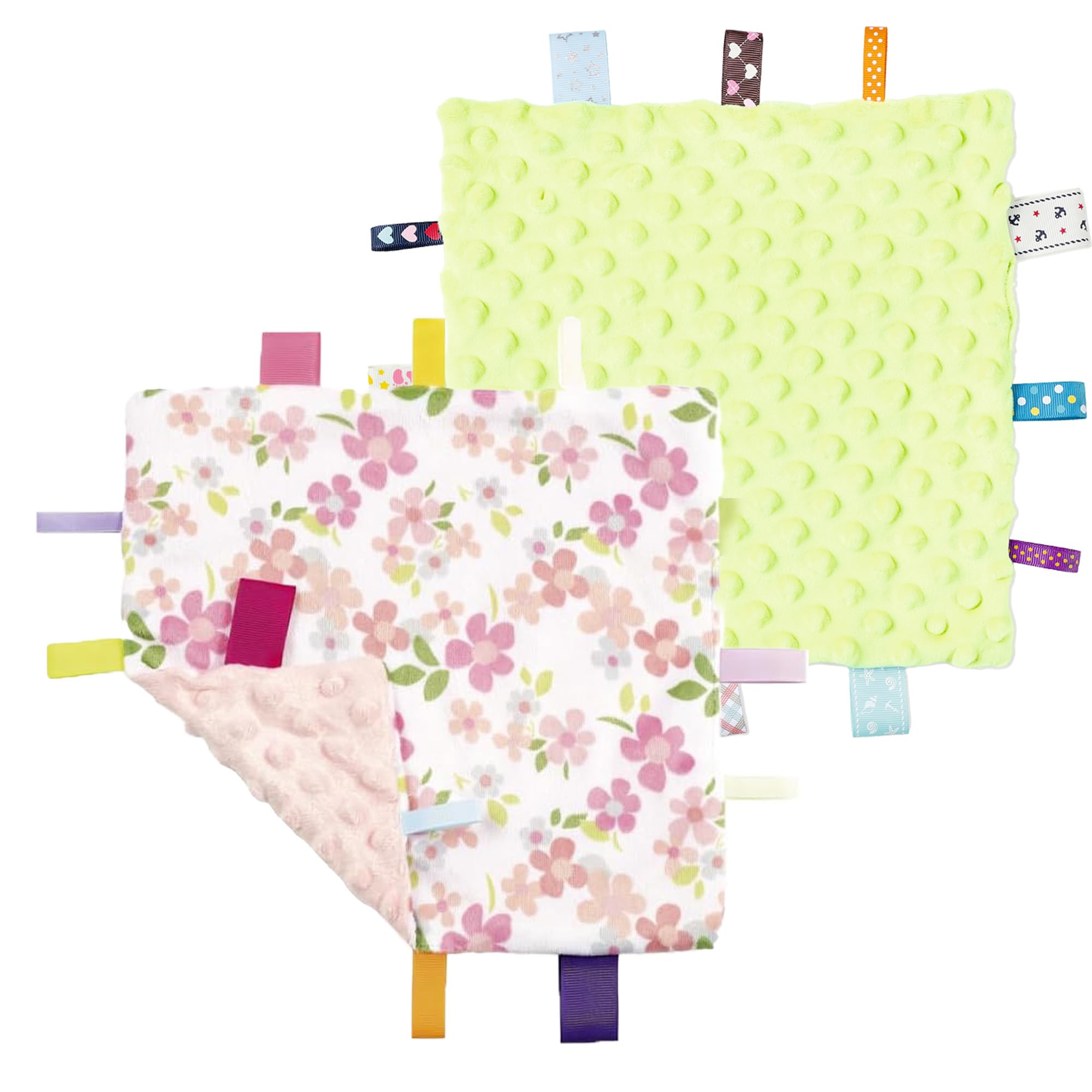 CREVENT Tag Security Blankets for Babies, Soft Small Baby Comforter Sensory Blanket, Great Gifts for Birthday Baby Shower - 24X24cm/10 X10 Green + Wildflower