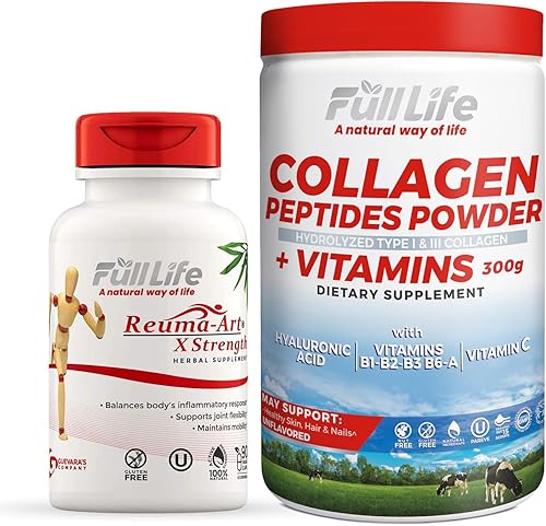 Full Life Reuma-Art X Strength and Collagen Peptides Powder - Suplemento de apoyo articular - Polvo de colágeno hidrolizado 10.58 oz - Kosher, sin