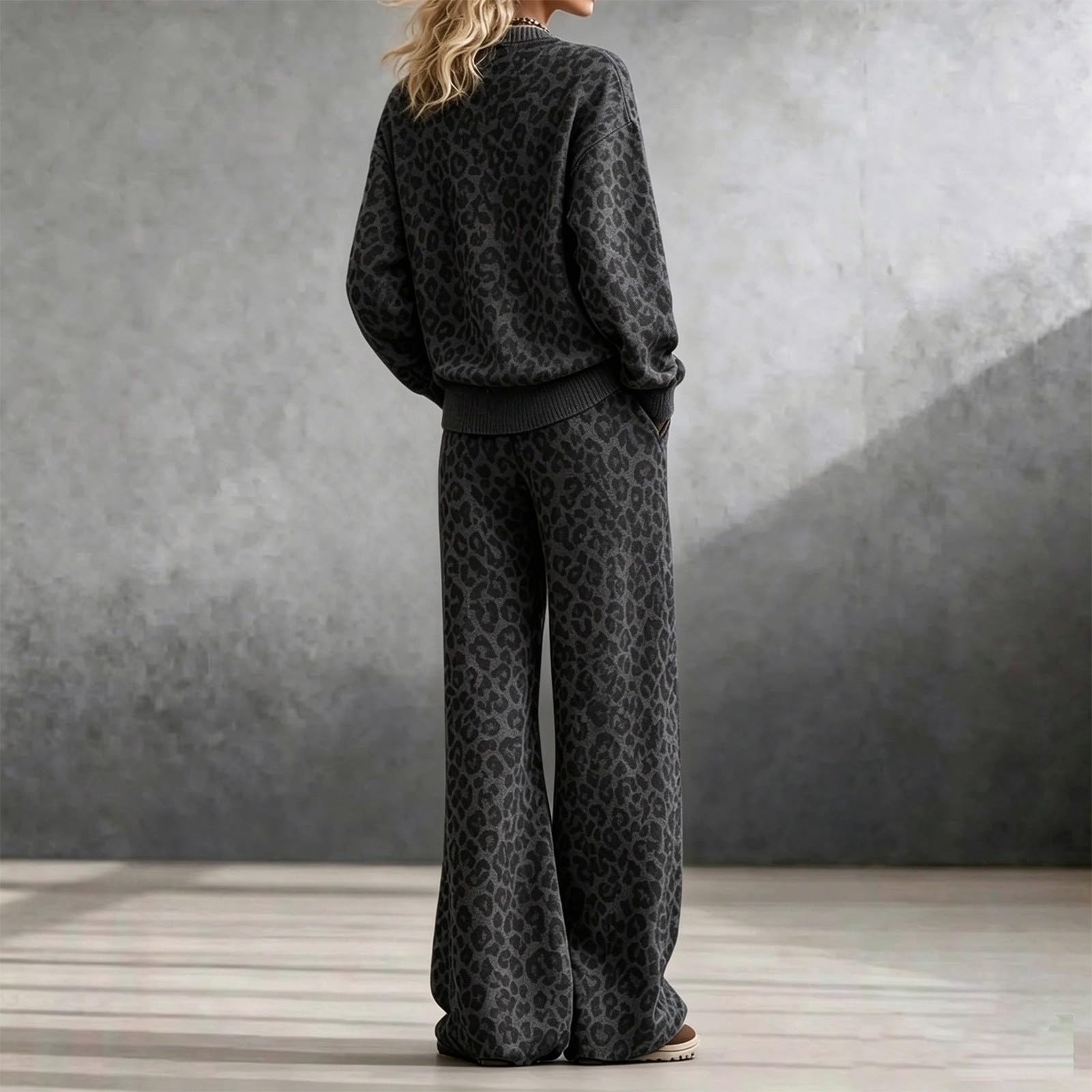Set da jogging da donna con motivo leopardato, tuta invernale a maniche