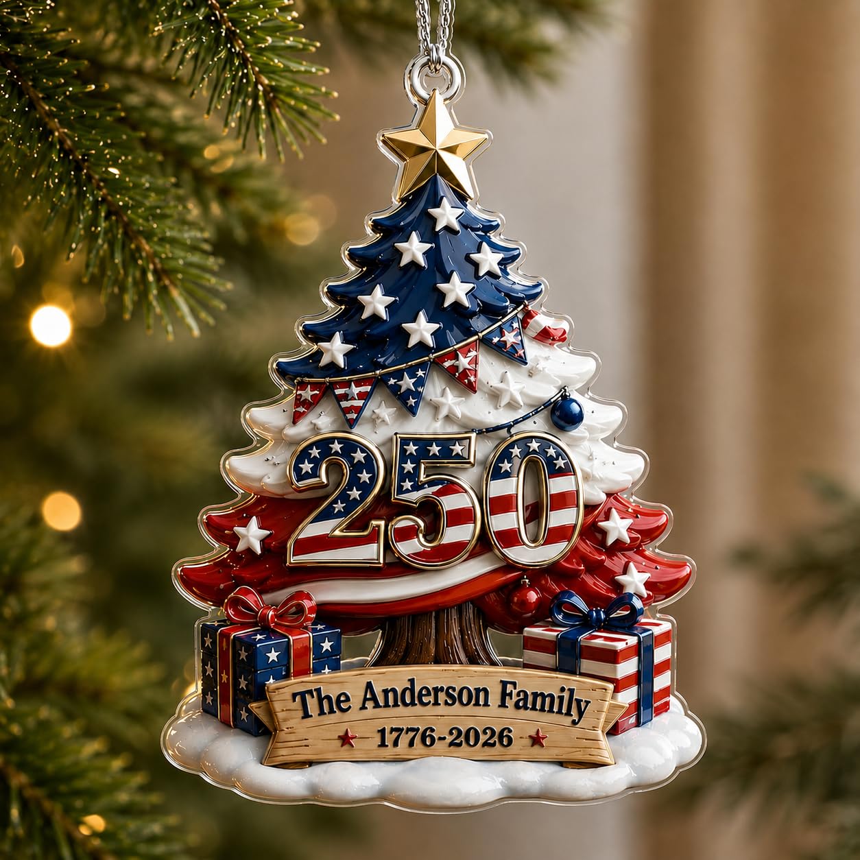 [Made in USA] Personalized 250th Anniversary USA Flat Acrylic Christmas Ornament, Custom Family Name Patriotic Christmas Tree Ornament, 1776-2026 250 Years Holiday Keepsake Gift