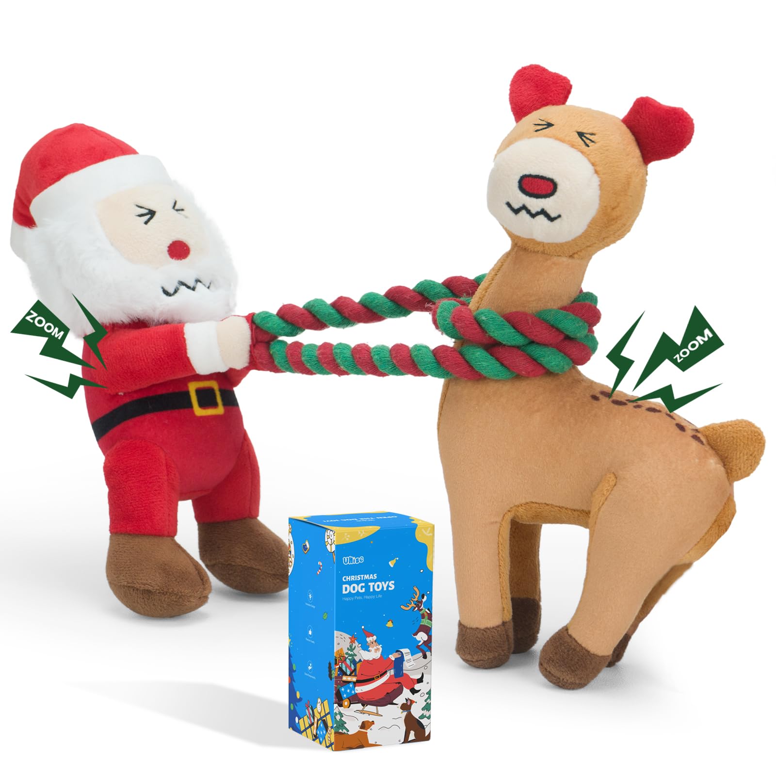 UNISE Christmas Dog Toys Plush Squeaky Dog Toys for Large Medium Small Breeds with Detachable Rope to Keep