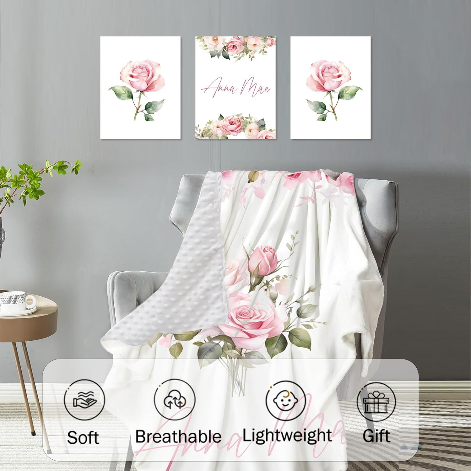 Personalized Baby Crib Bedding Set, Custom Name Pink Flowers Design Nursery Bed Set 4 Piece, Baby Blanket Fitted Sheet Nursery Rug Wall Art Set, Custom Room Decor Idea Gift for Newborns Girls