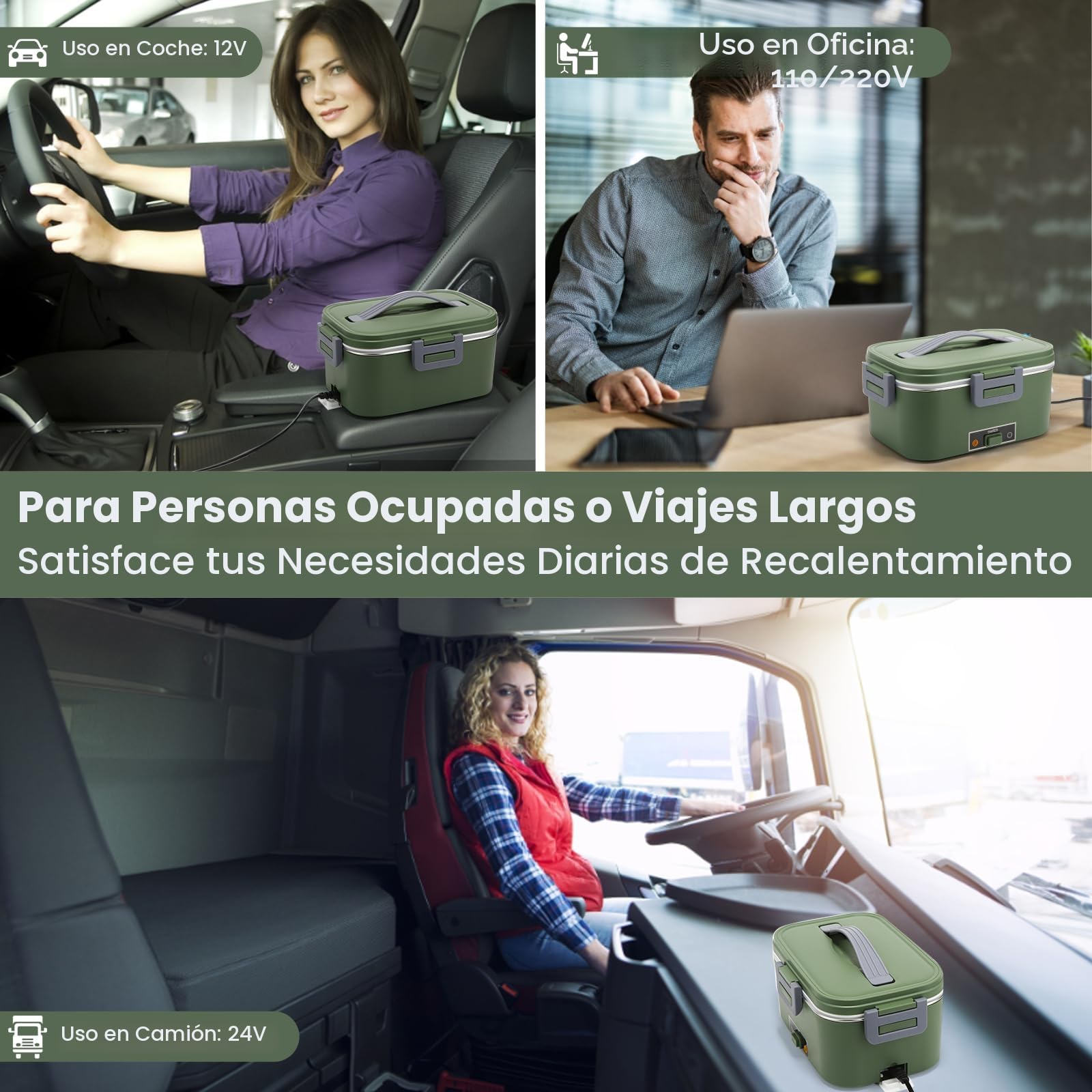Lonchera eléctrica de 100 W, 1.8 L, acero inoxidable extraíble, 3 en 1, portátil, con calefacción, 12 V/24 V/220 V, caja de calor aislada para coche/camión/oficina/hogar, con bolsa aislada y