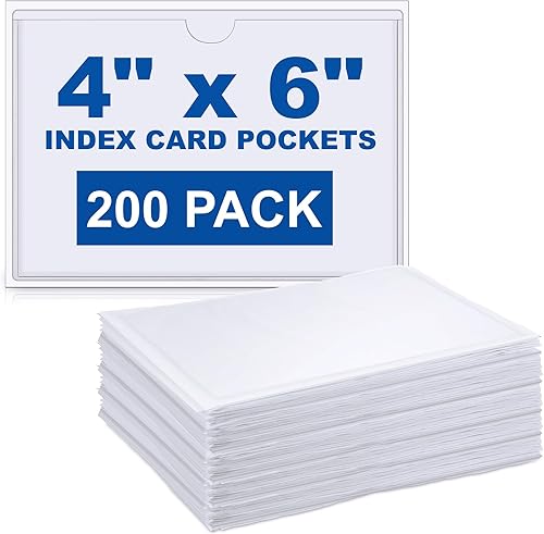 Outus Paquete de 200 bolsillos autoadhesivos para tarjetas de índice con apertura superior para cargar, soportes de etiquetas de plástico