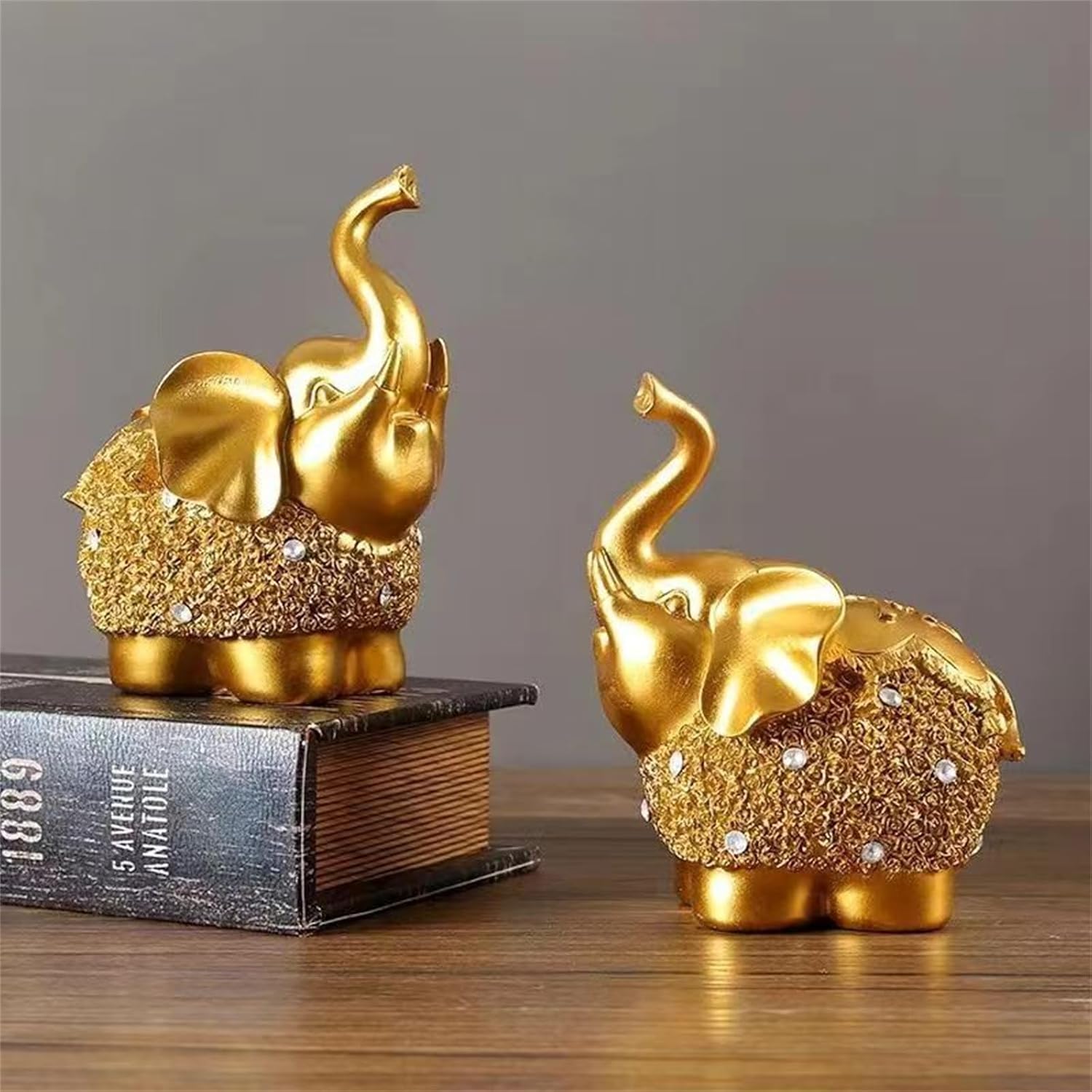 Elephant Statue, Gold Lucky Elephant Figurines for Living Room & Table - Gift Perfect for Home Decor (2 Elephant)