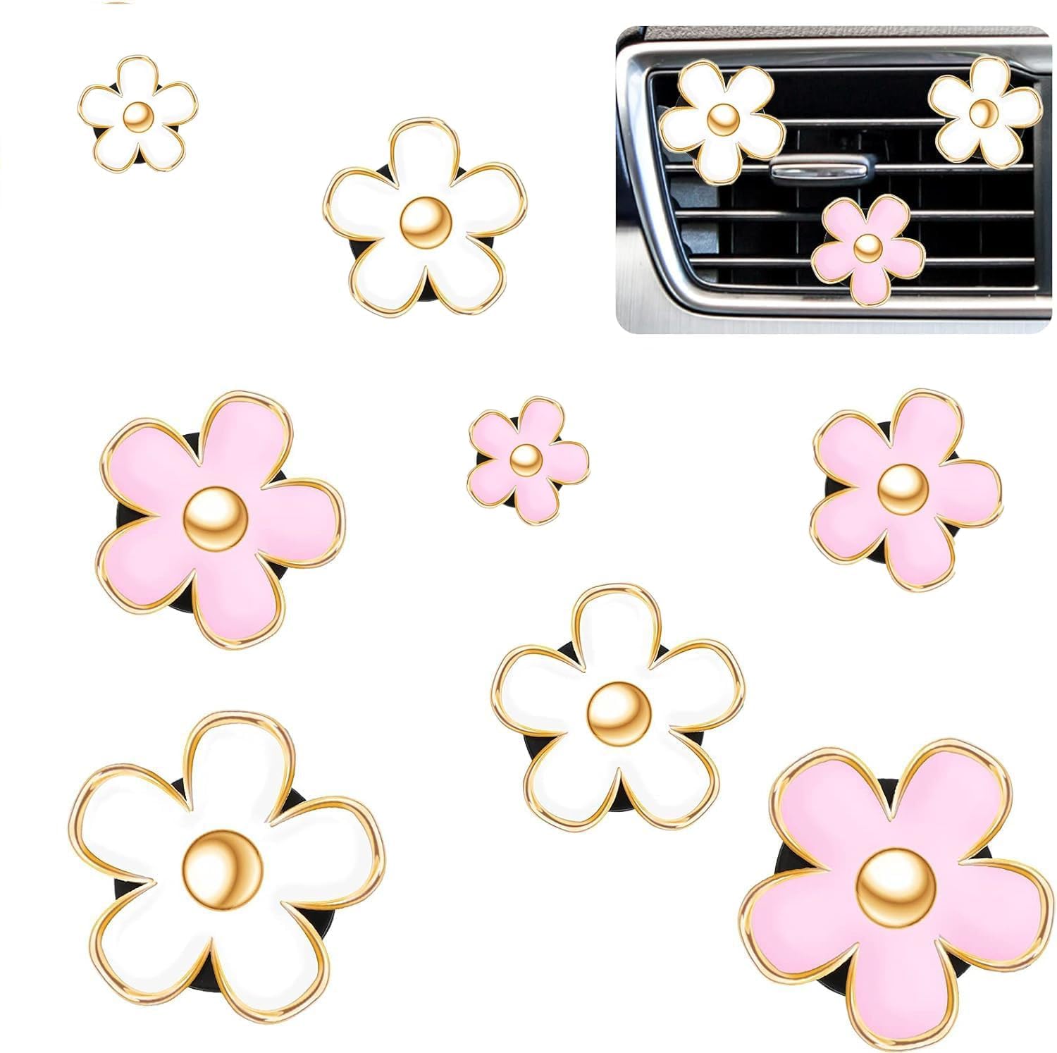 Daisy Flower Air Vent Clip, 8 PCS Car Air Fresheners Vent Clips, Cute Fresh Car Accessories, Cars Air Vent Clip Charms as Cars Decorations for Women & Girls (White and Pink)