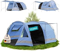 Skandika Kambo Tunnelzelt 4 Personen | Zelt mit dunkle Schlafkabine für 4 Mann, Wasserdicht mit 3000 Wassersäule, 3 Eingänge, Sonnendach, Vorzelt | Camping Familienzelt, Großraumzelt