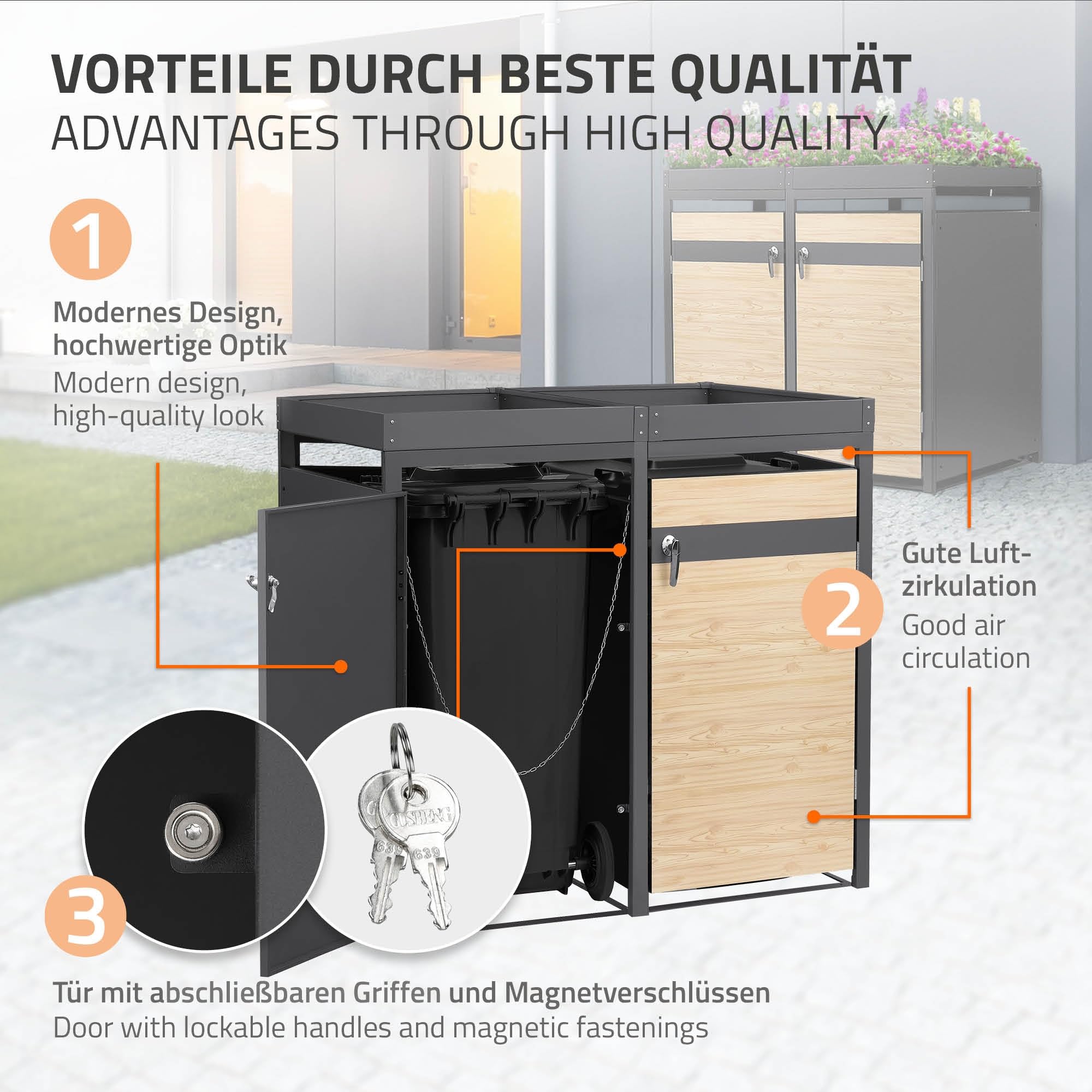 ML-Design Mülltonnenbox 3er 240L mit Pflanzdach, Mülltonnenverkleidung für 3 Mülltonnen, Müllbox wetterfest Mülltonnenhaus aus Stahl, Müllcontainer, abschließbare Tür 200x80x124 cm Anthrazit-Holzoptik