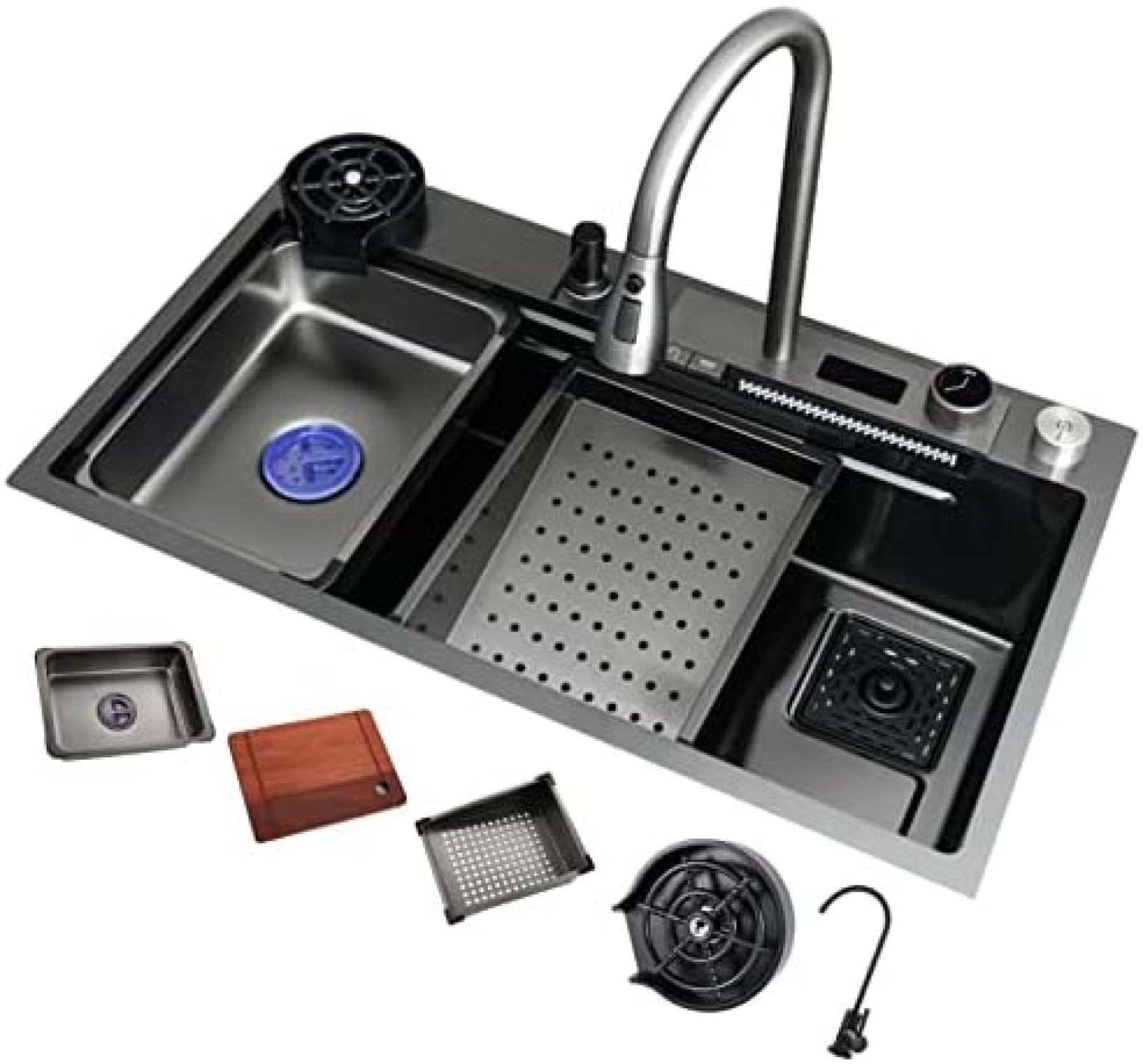 HYSOPSPX Single Bowl Stainless Steel Kitchen Sink with Waterfall Design, Pull-Out Tap, Chopping Board, Cup Washer - Drop-in/Undermount Installation