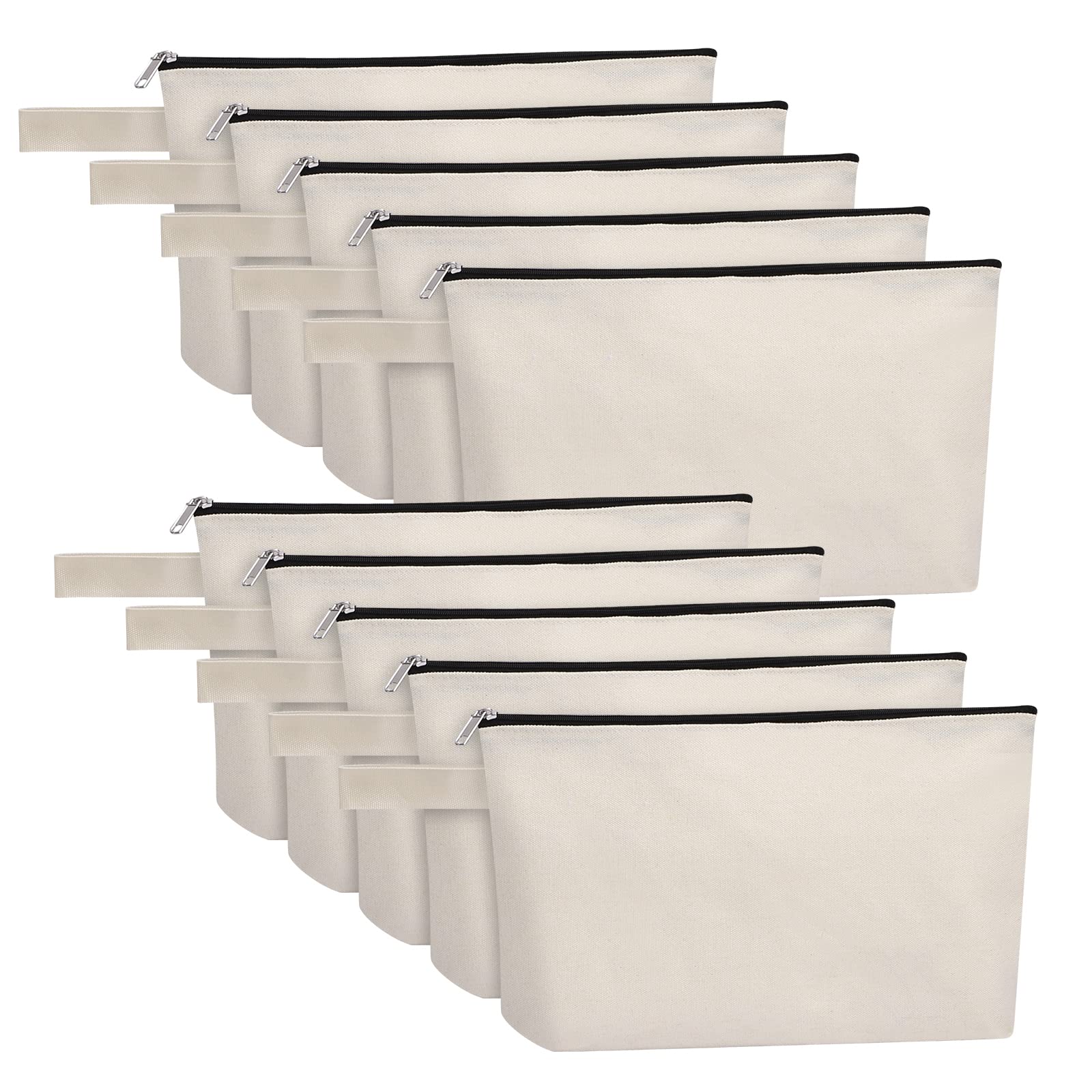 Sinzip 10 Pieces Cotton Canvas Makeup Bag with Bottom, Multi-Purpose Cosmetic Bag with Zipper Travel Toiletry Pouch, Blank DIY Craft Bag Pencil Bag (M